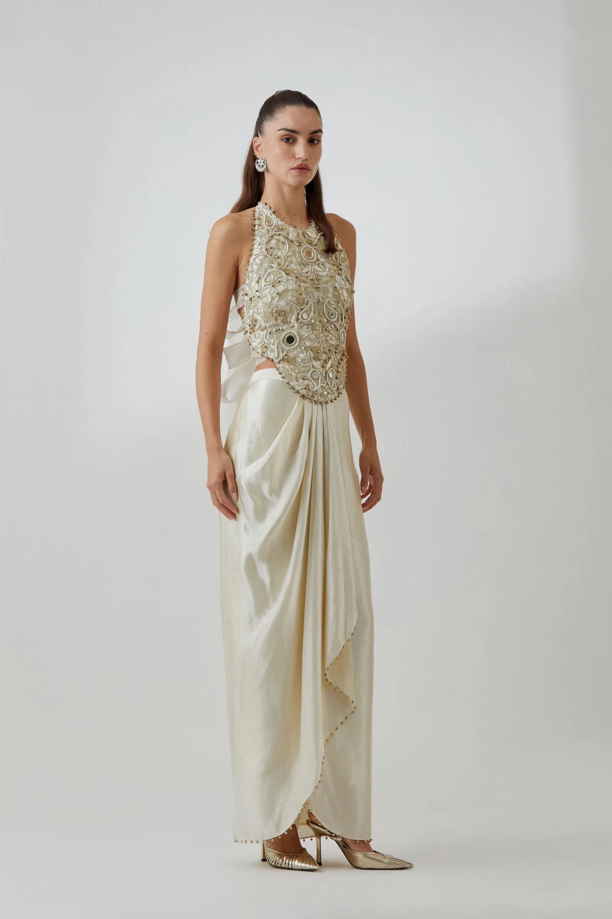 Stone Organza Embroidered Choli With Tissue Lungi Skirt by Payal Singhal, skirt set, view 2