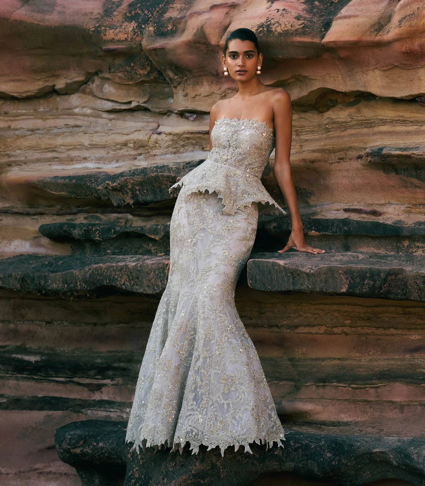 Dull Ivory Peplum with Mermaid Skirt Set by Anushree Reddy