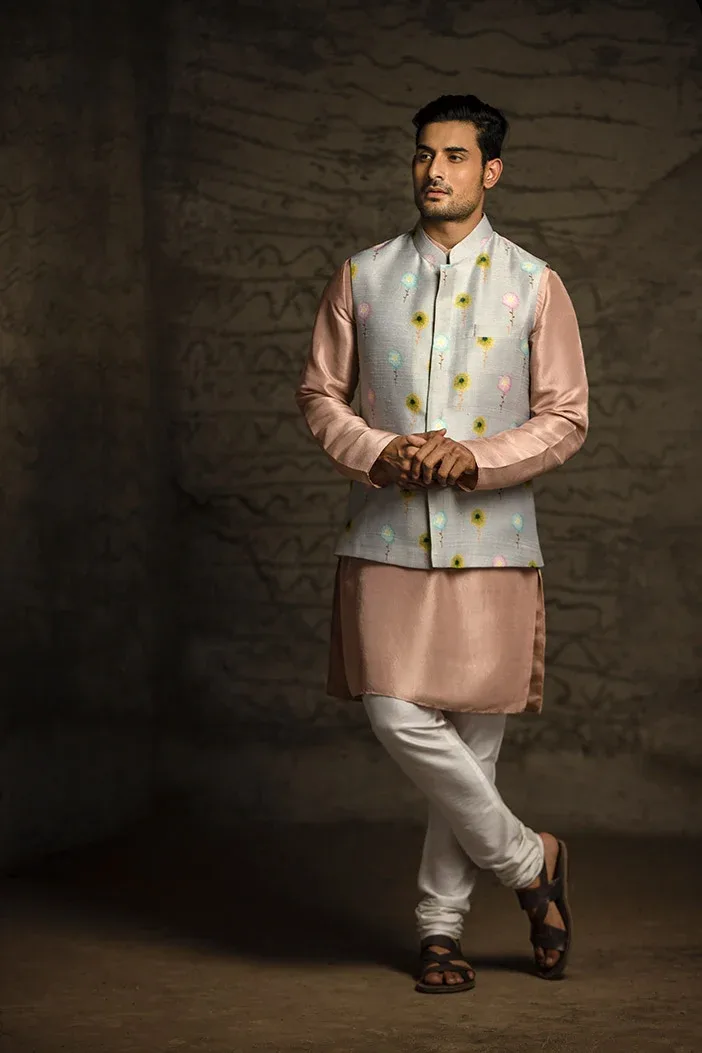 Grey Printed Dupion Silk Bandi with Rose Pink Silk Kurta and Off White Cotton Silk Churidar by Payal Singhal