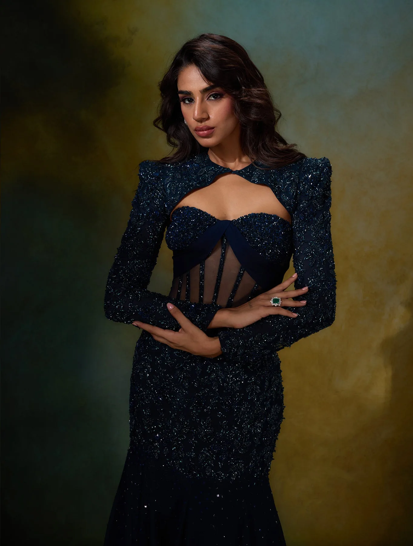Elle with Sleeve Overlay by Shloka Khialani, teal blue gown, view 4
