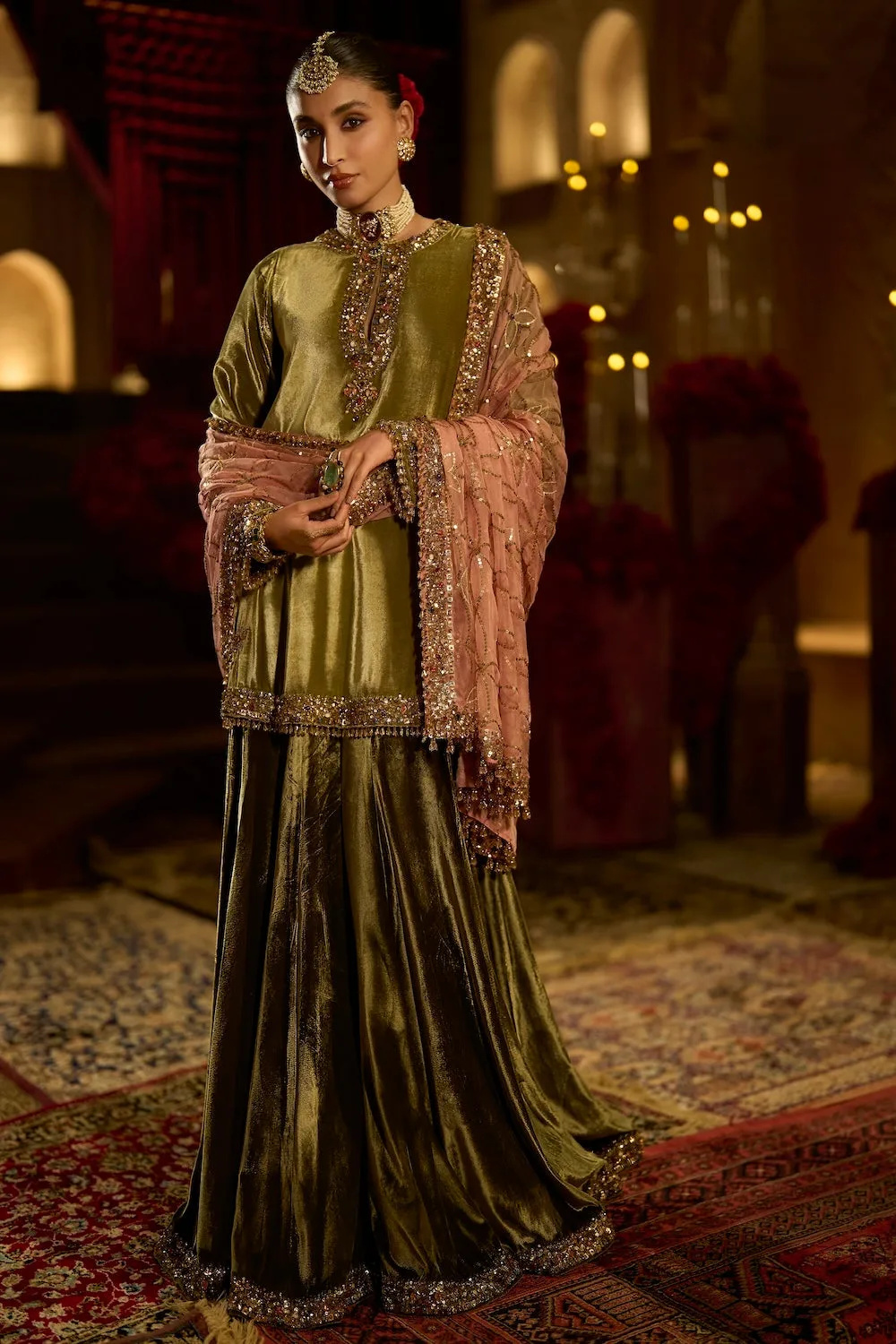 Sage Green Velvet Sharara Set by Seema Gujral, sage green sari