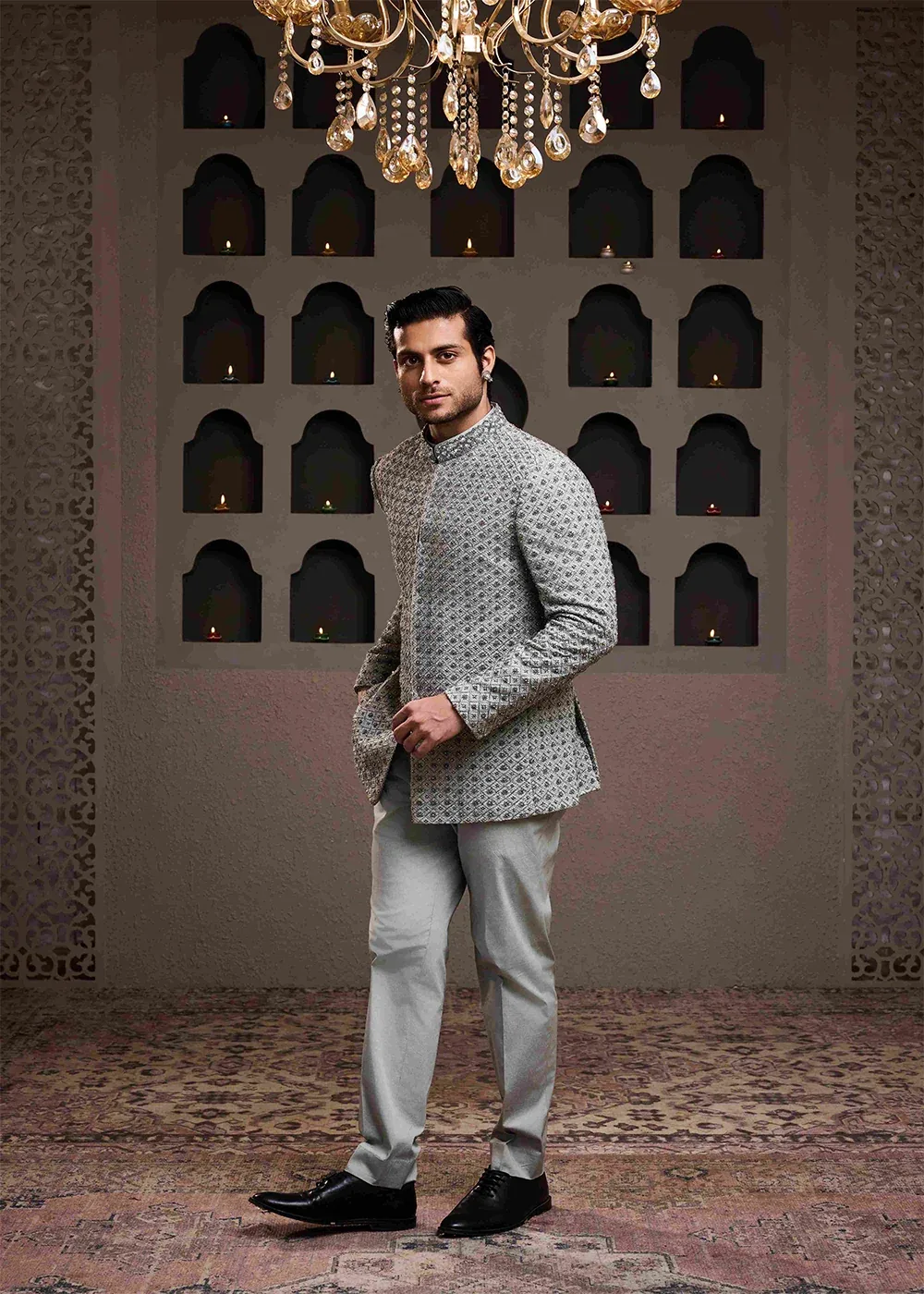 Grey Jodhpuri Coat Pant by Nitika Gujral