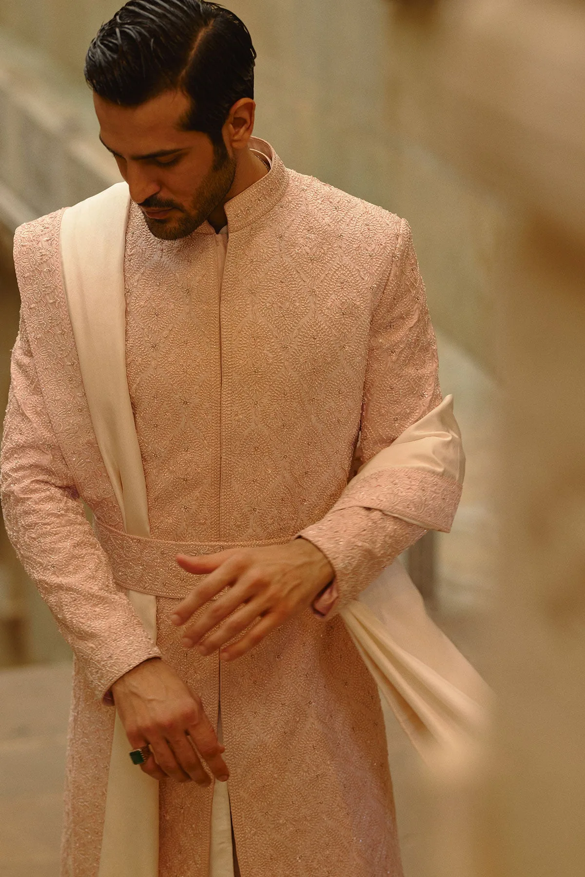 Blush Pink Tafetta Silk Sherwani Set by Nitika Gujral, view 3