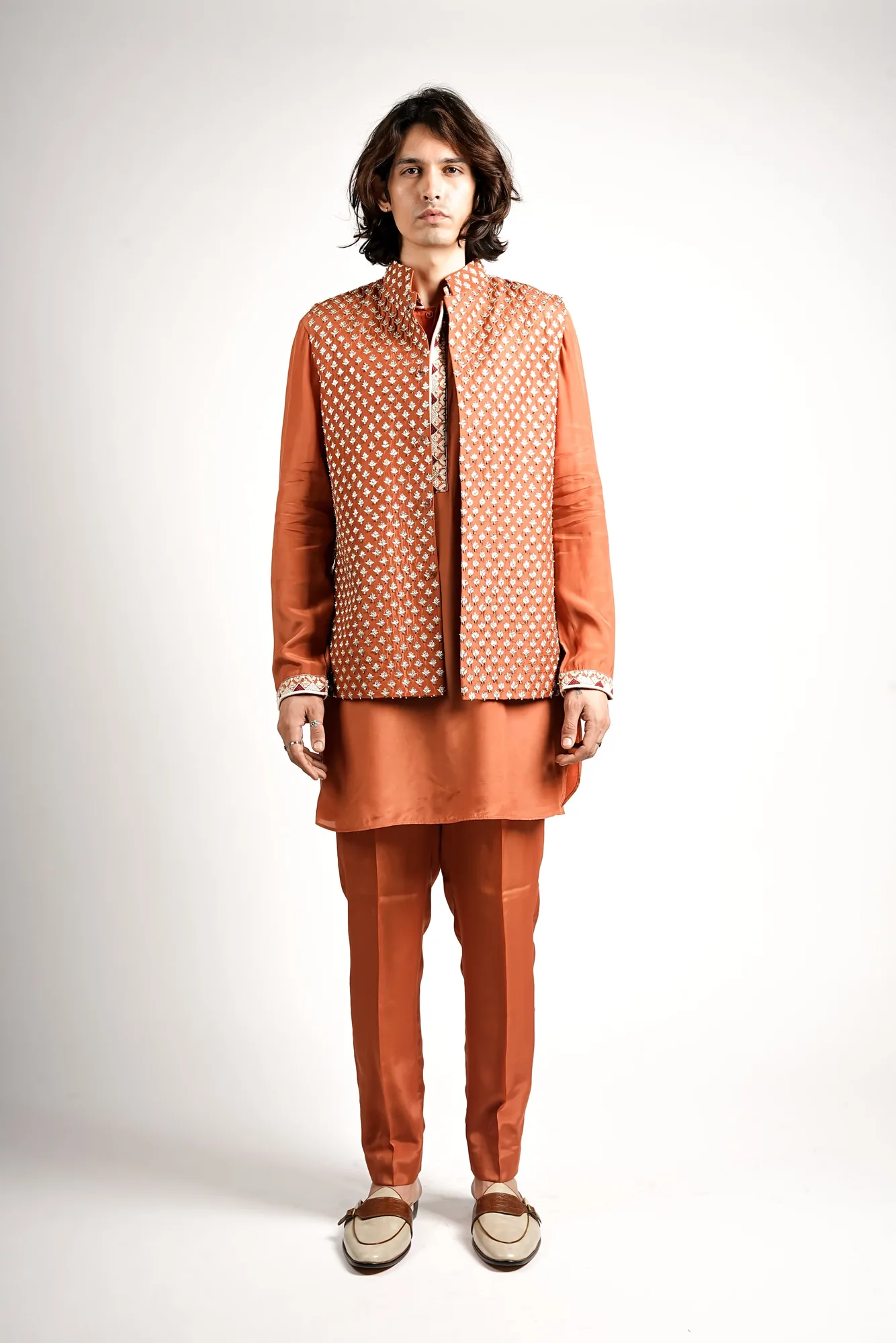 Vyan Bundi by SVA, rust sherwani