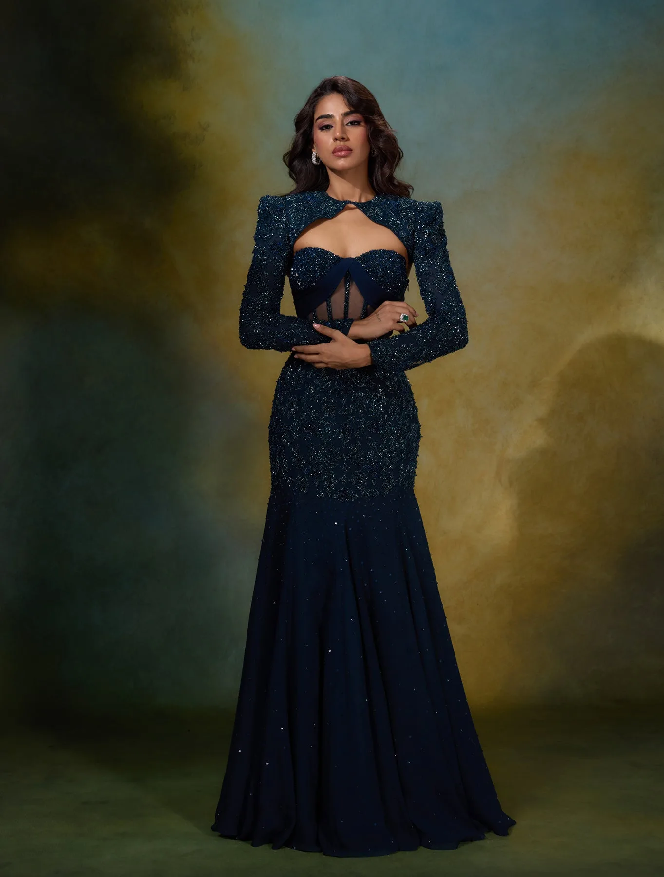 Elle with Sleeve Overlay by Shloka Khialani, teal blue gown, view 2