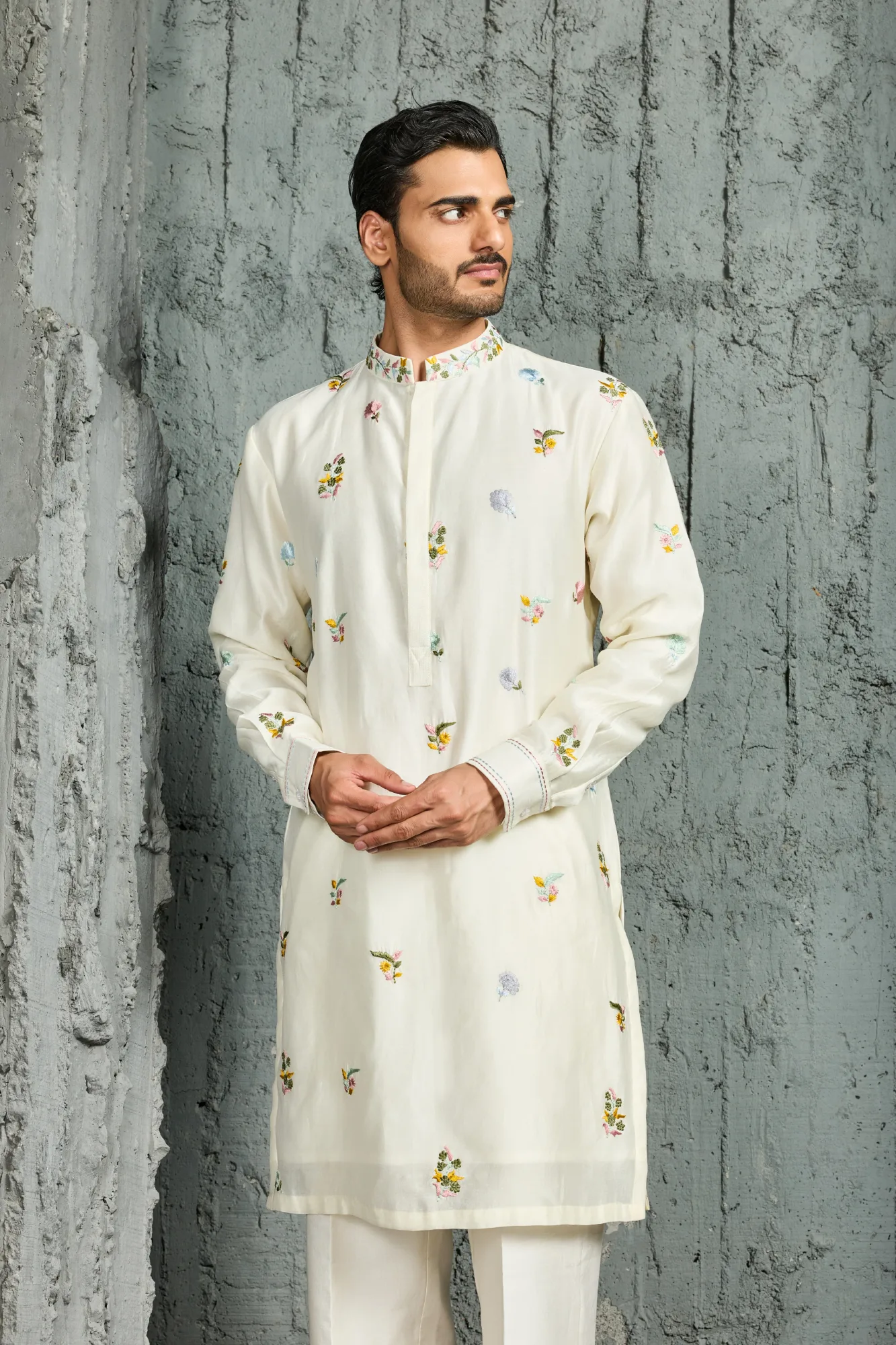 Ivory Gulmohar Bloom Waistcoat Set by Sarab Khanijou