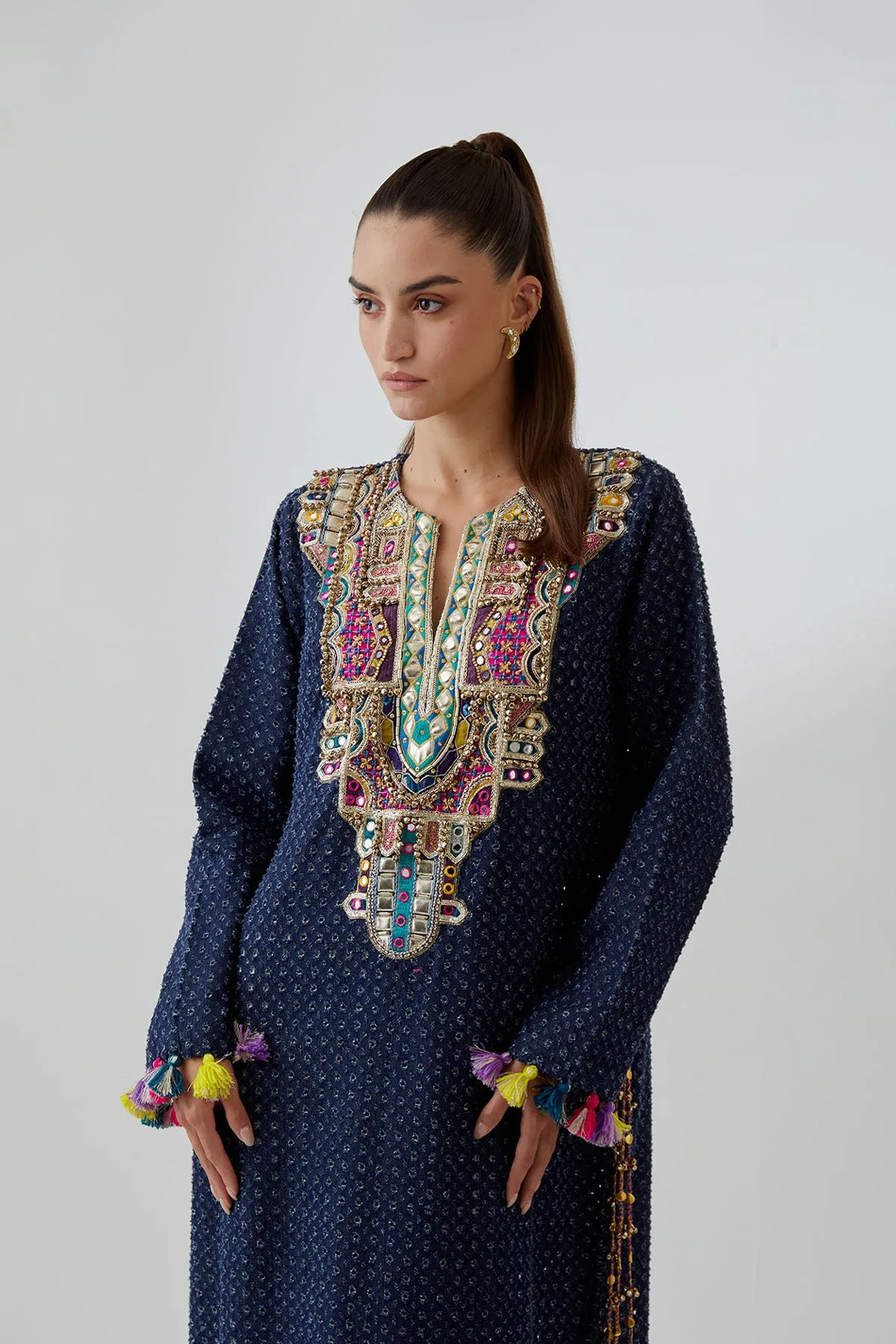 Blue Denim Embroidered Yoke Kaftan by Payal Singhal, view 4
