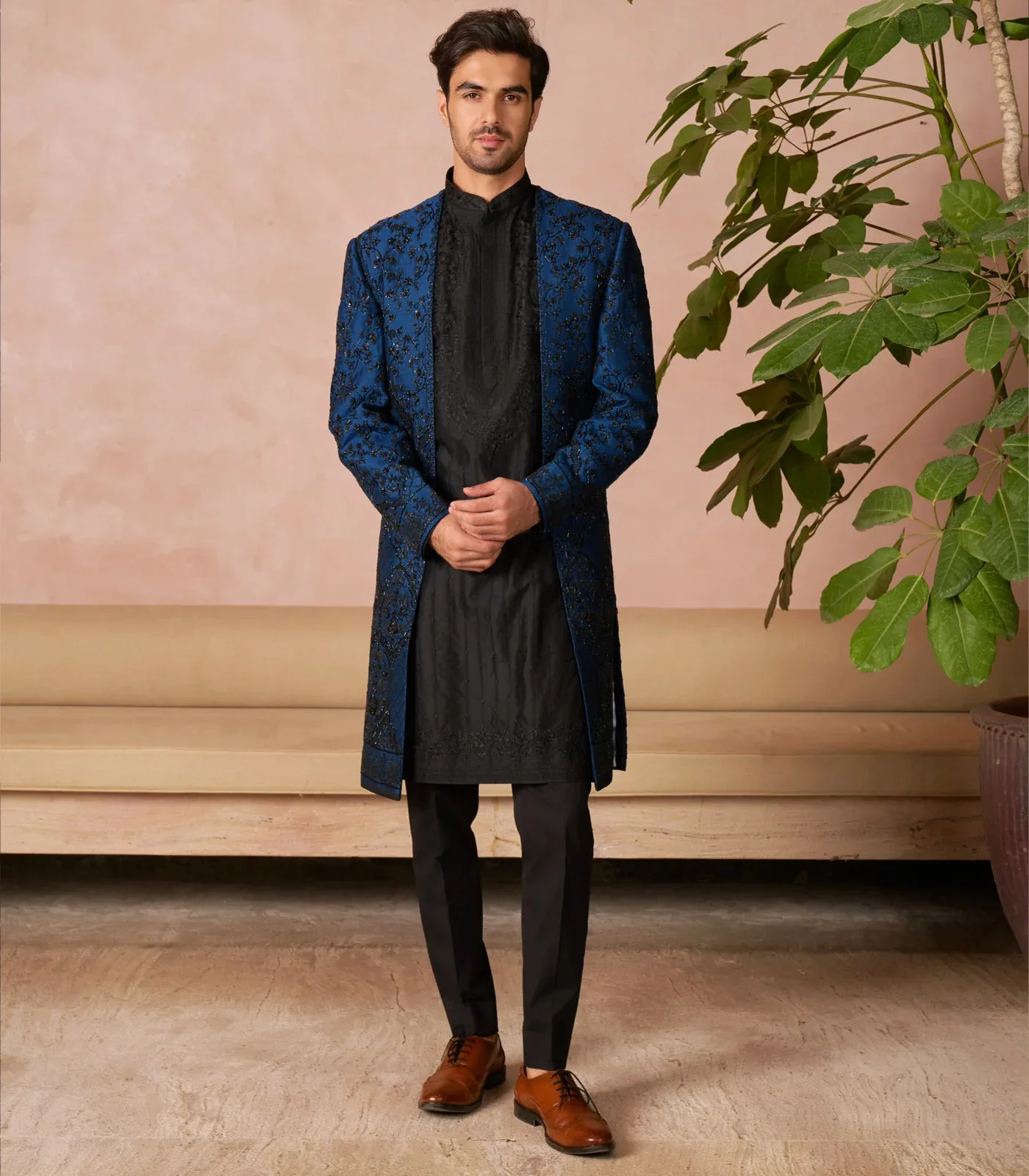 Black And Midnight Blue Sherwani Set by Anushree Reddy
