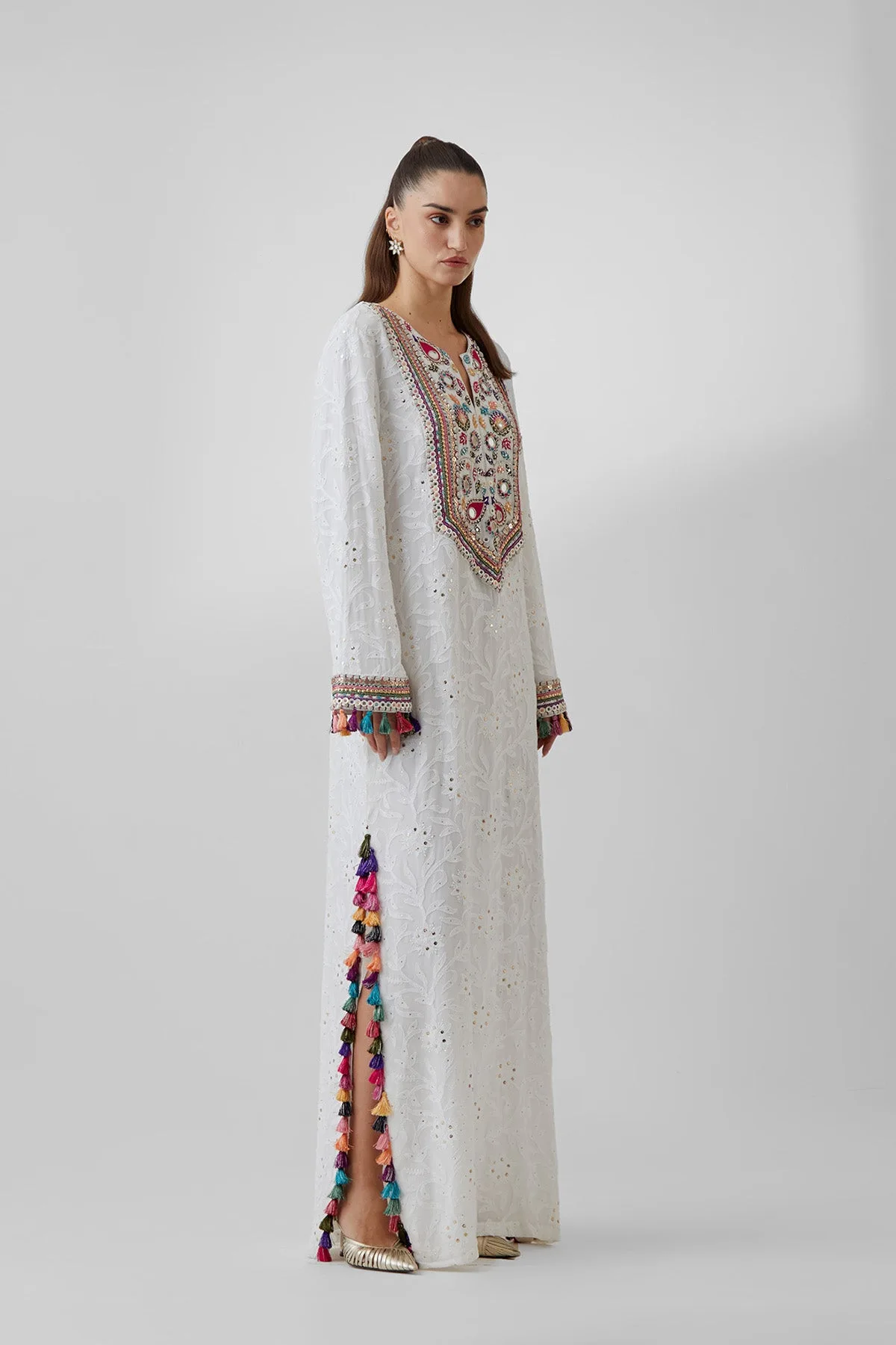 Off-White Chikankari Georgette Embroidered Kaftan by Payal Singhal in off white, view 2