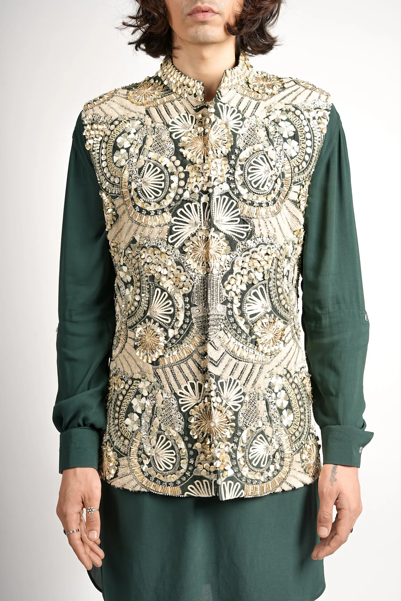 Zayan Embellished Bundi by SVA, emerald green sherwani