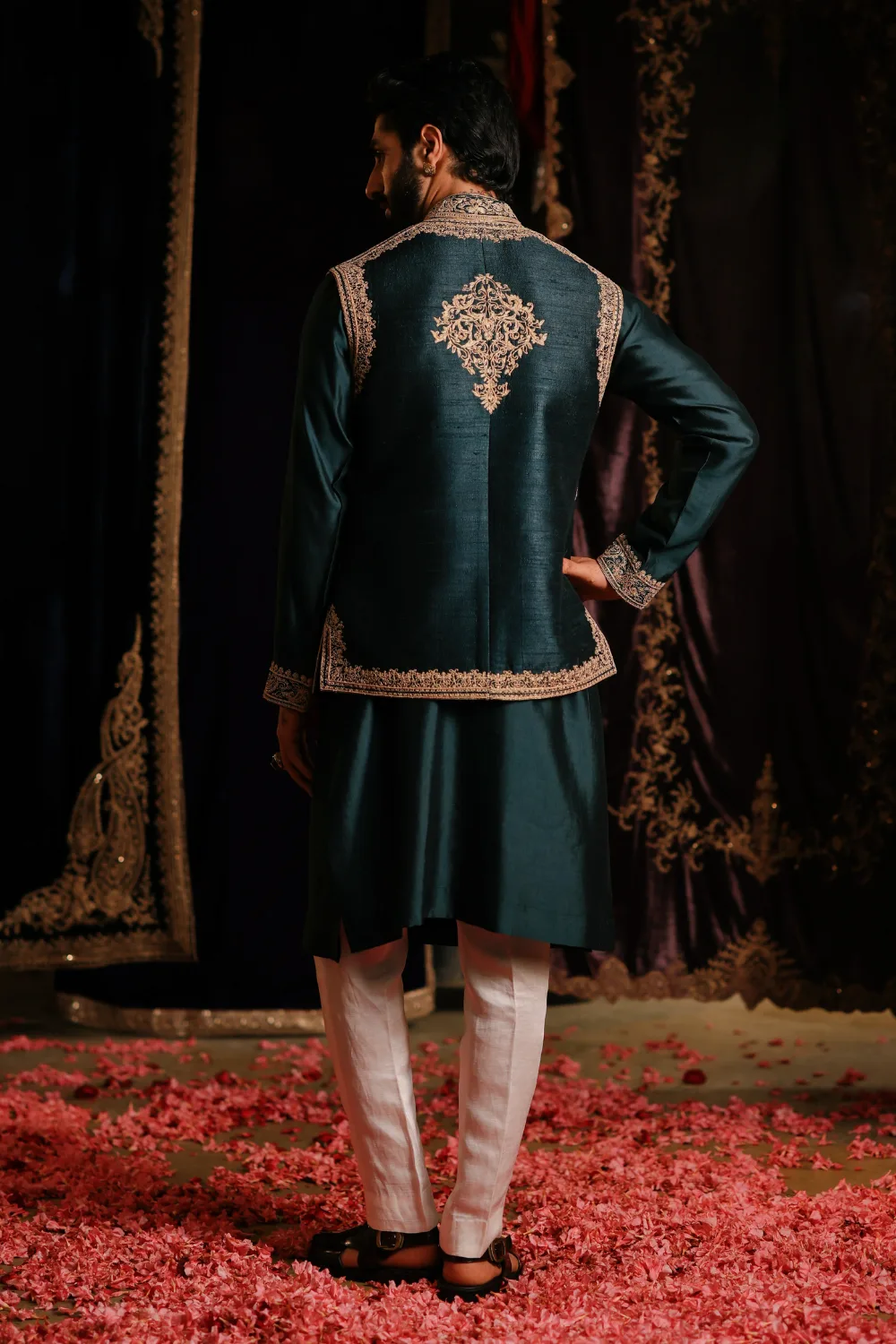 Hasan Jacket Set by Jigar Mali in bottle green, view 2