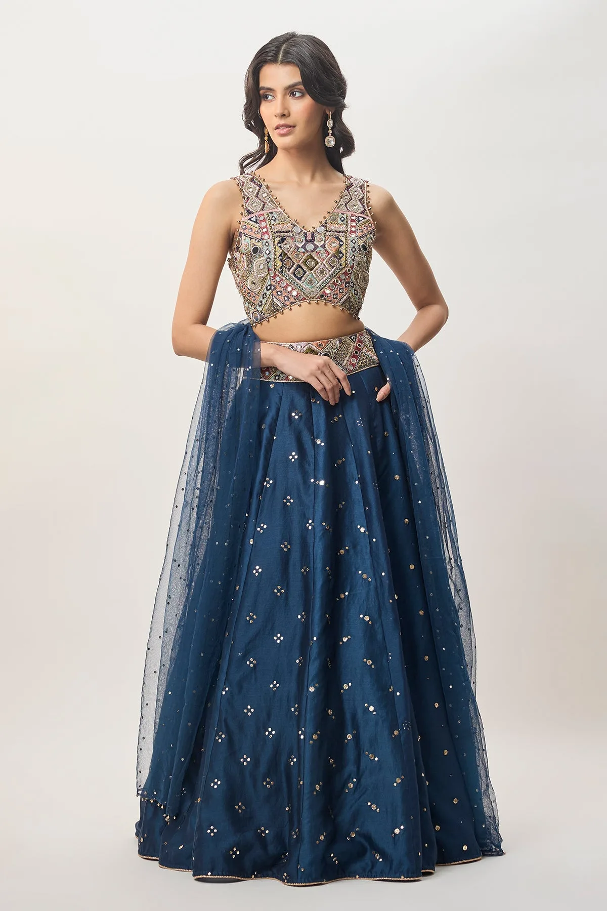 Mahnaz Navy Blue Georgette Embroidered Choli with Lehenga and Mukaish Net Dupatta by Payal Singhal