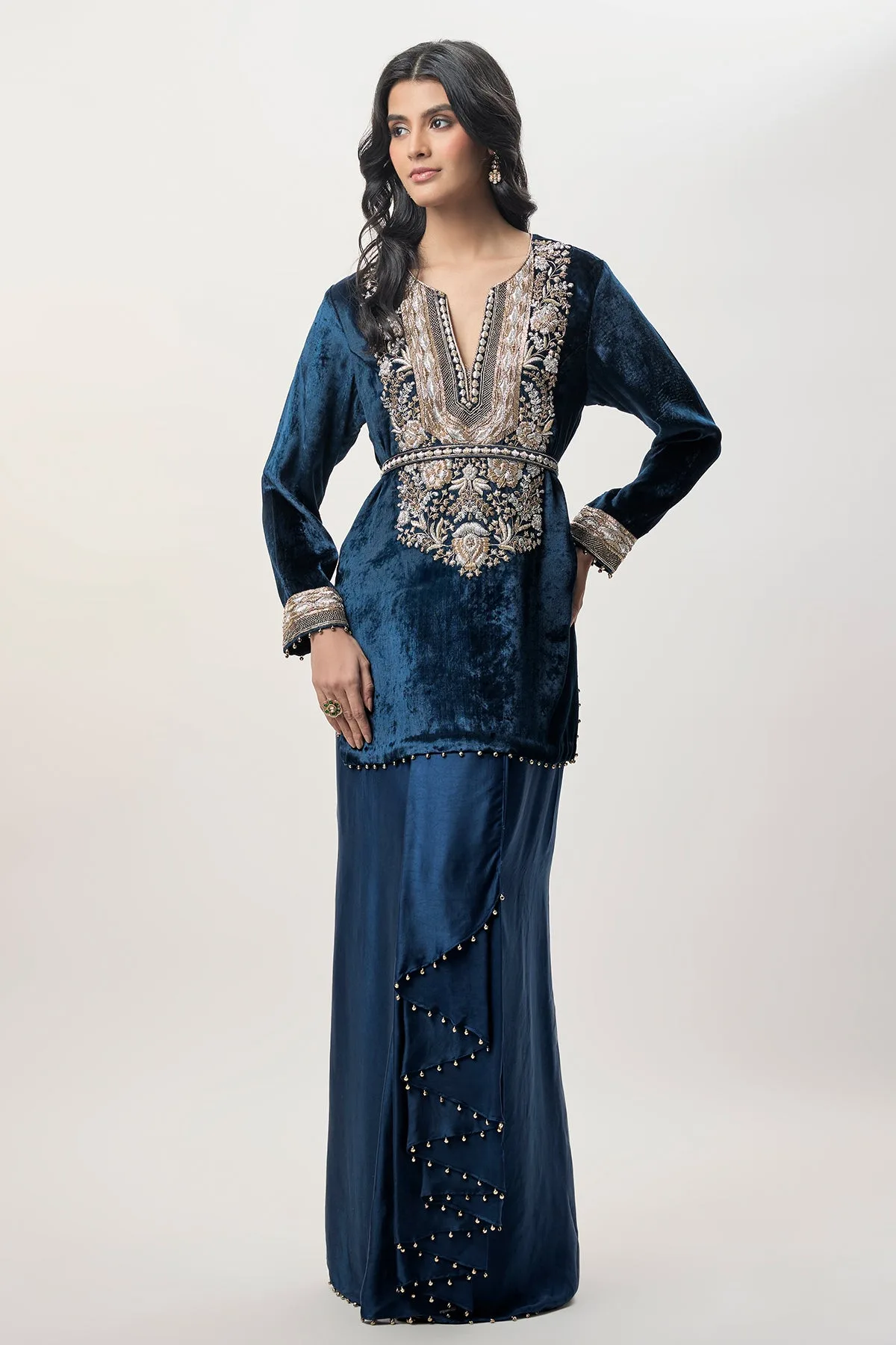 Samira Navy Blue Velvet Embroidered Yoke And With Dhoti Skirt And Belt by Payal Singhal, navy blue kurta