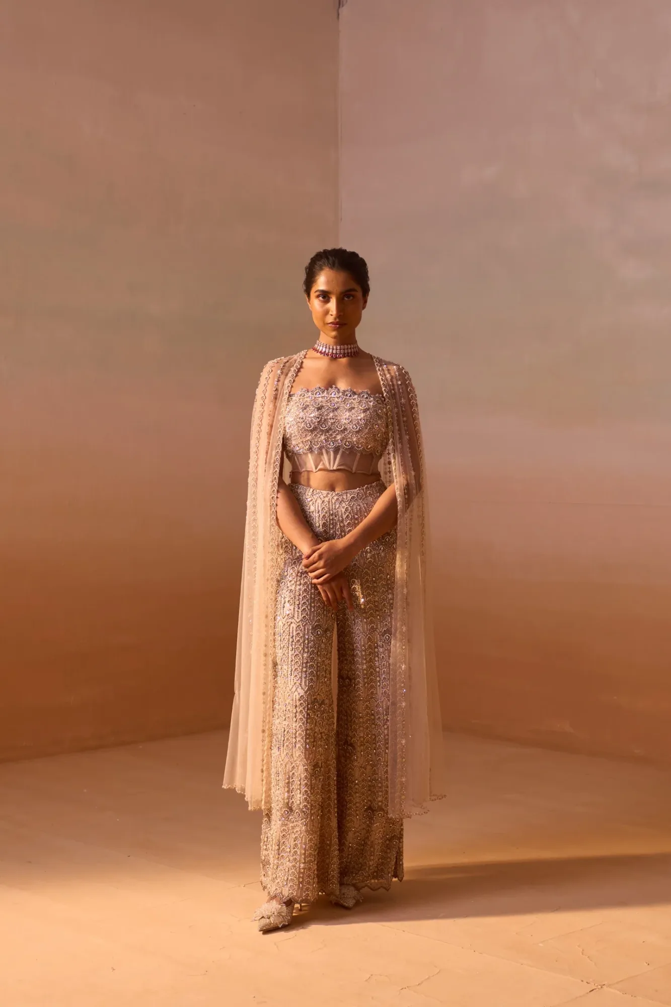 Nude Palazo Set with Corset and Veil by Nitika Gujral