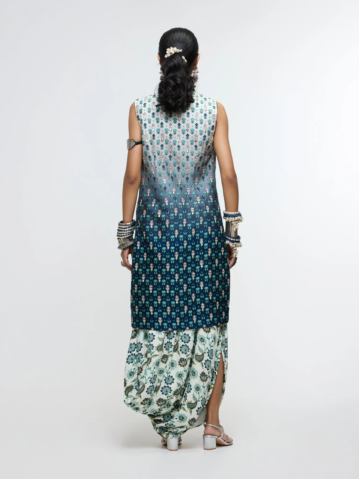 Nysa Long Jacket Paired With Metallic Bustier & Drape Skirt. by SVA, jacket set, view 4