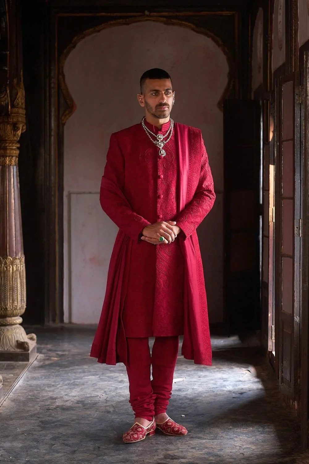 Paavak Sherwani by Jigar Mali in maroon
