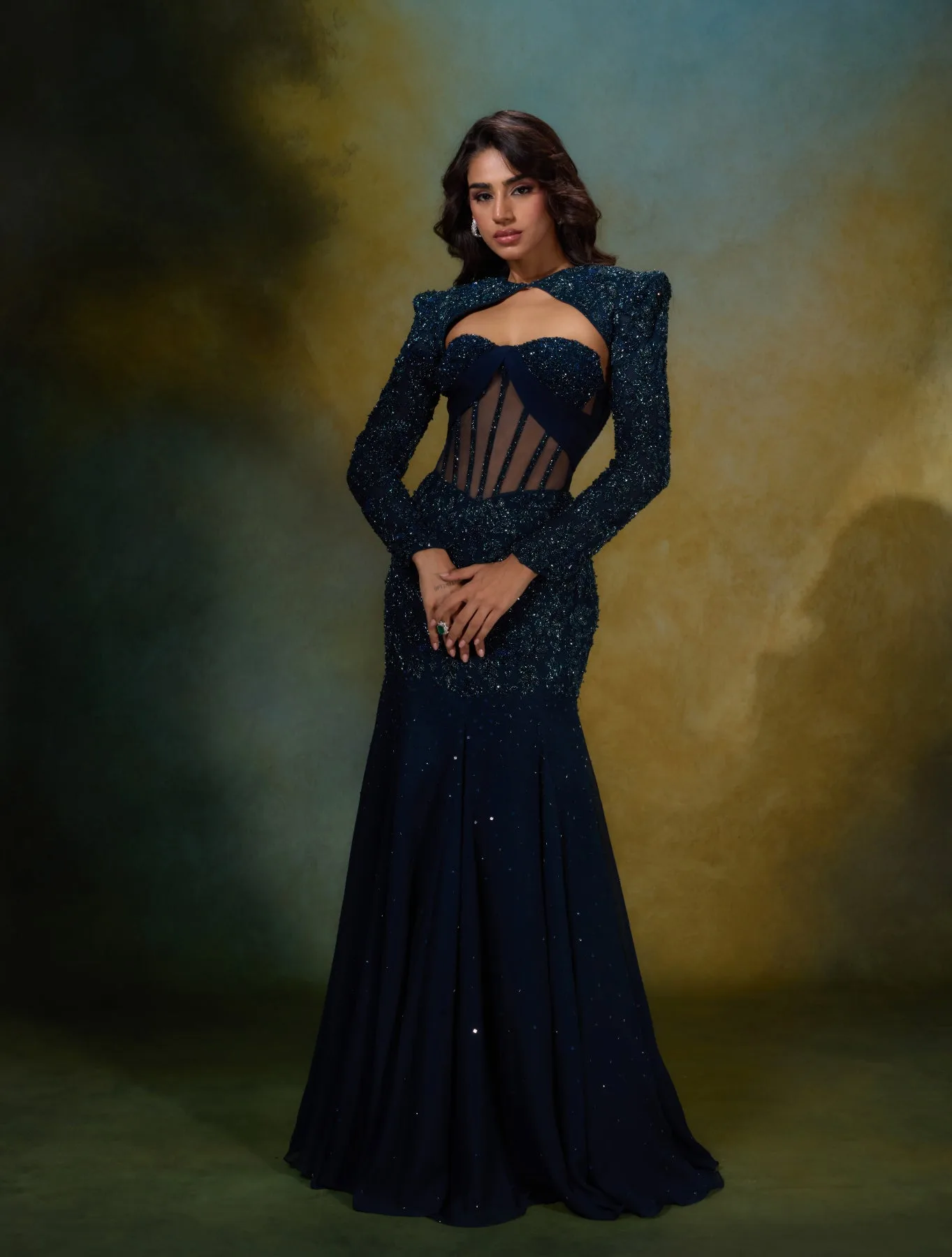 Elle with Sleeve Overlay by Shloka Khialani, teal blue gown