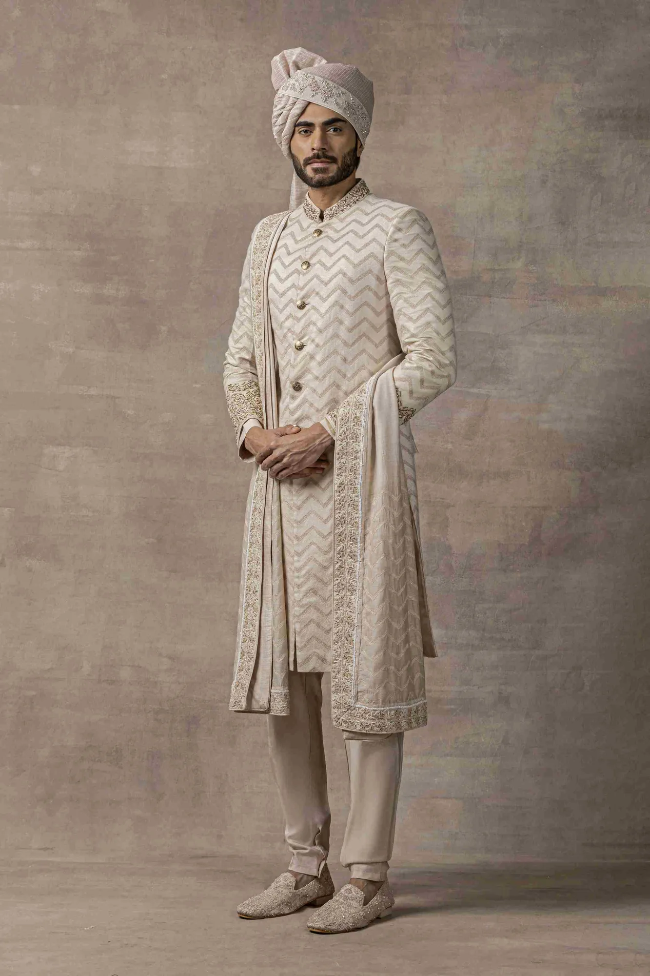 Dusty Rose Chevron Sherwani by Sarab Khanijou