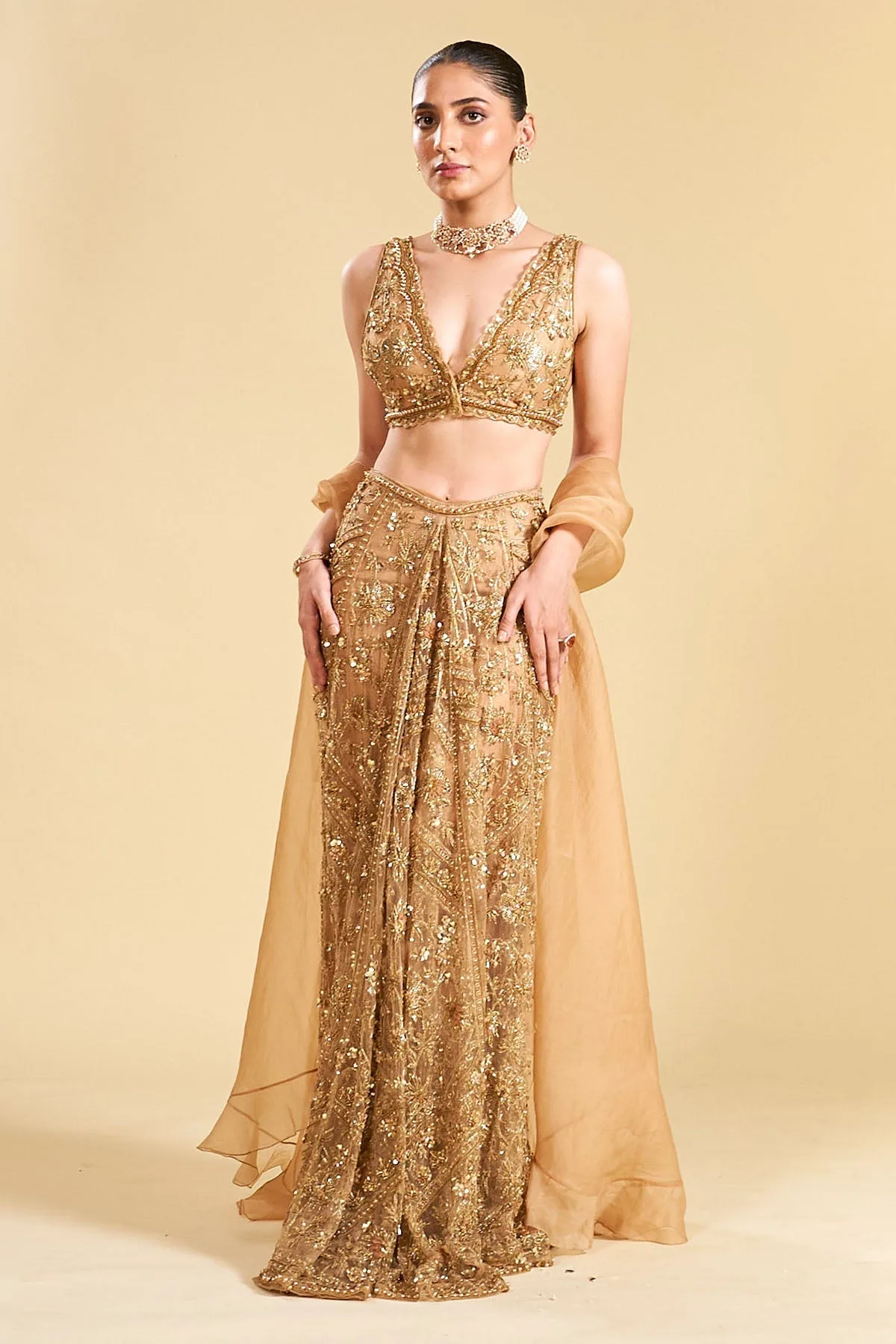 O.g. Saree Skirt Set by Ridhi Mehra in gold