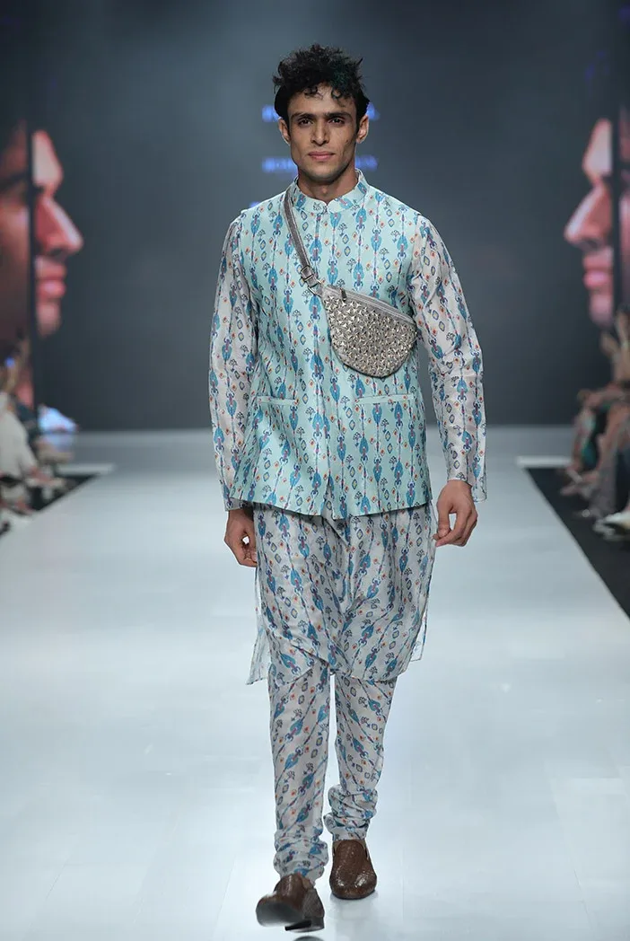 Zaffar Blue Printed Silkmul Bandi with White Printed Silkmul Kurta and Churidar by Payal Singhal