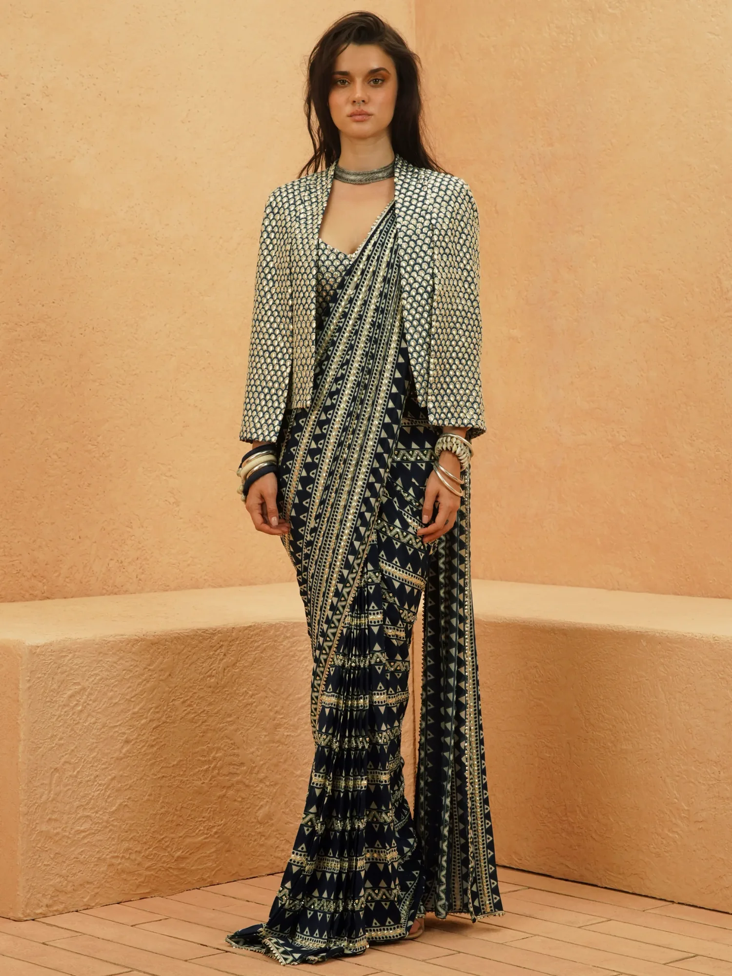 Fariha Embellished Saree with Metallic Blouse and Cape Jacket by SVA