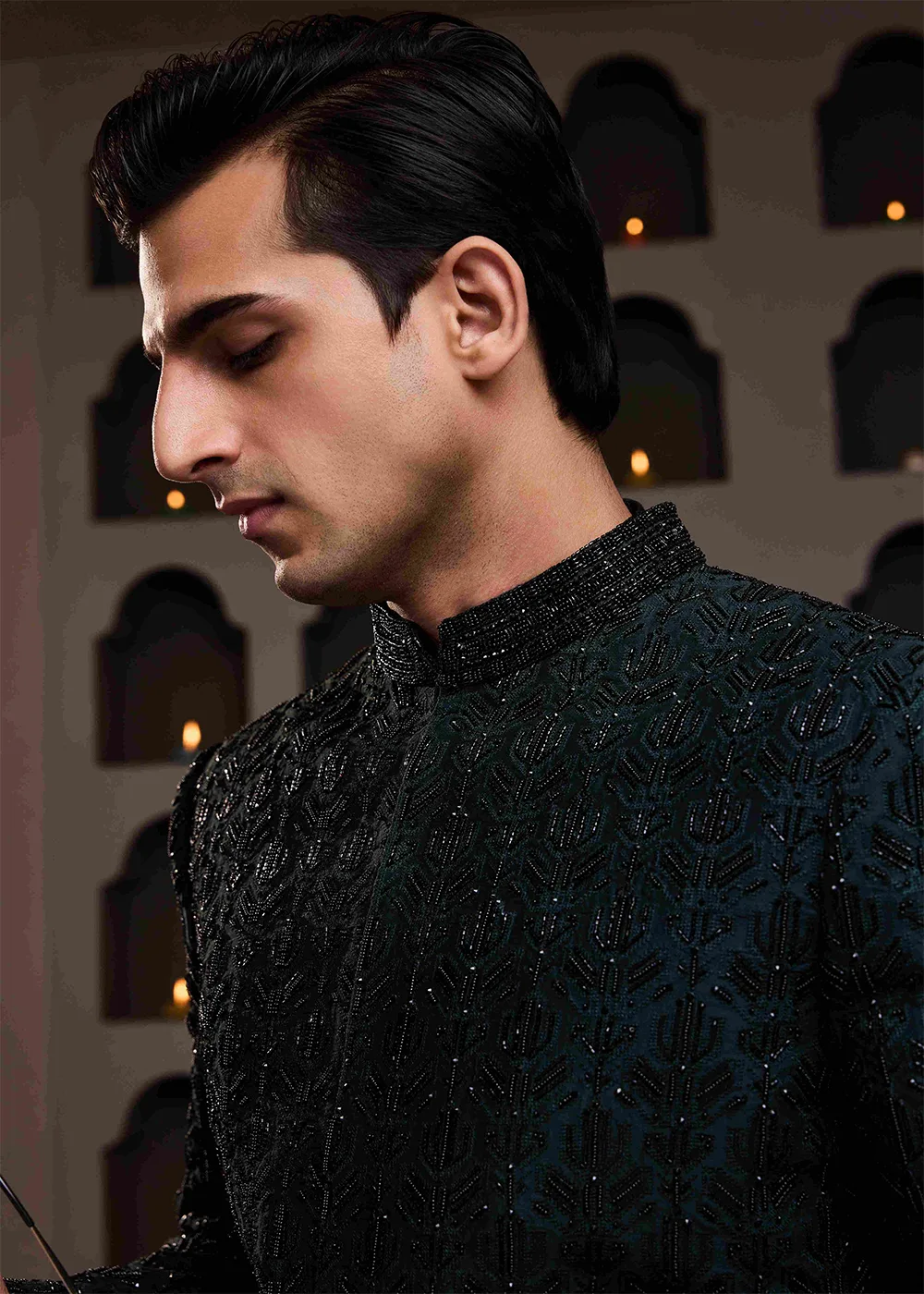 Green Achkan Black Emb Kurta Patiyala Salwar by Nitika Gujral, green sherwani, view 4