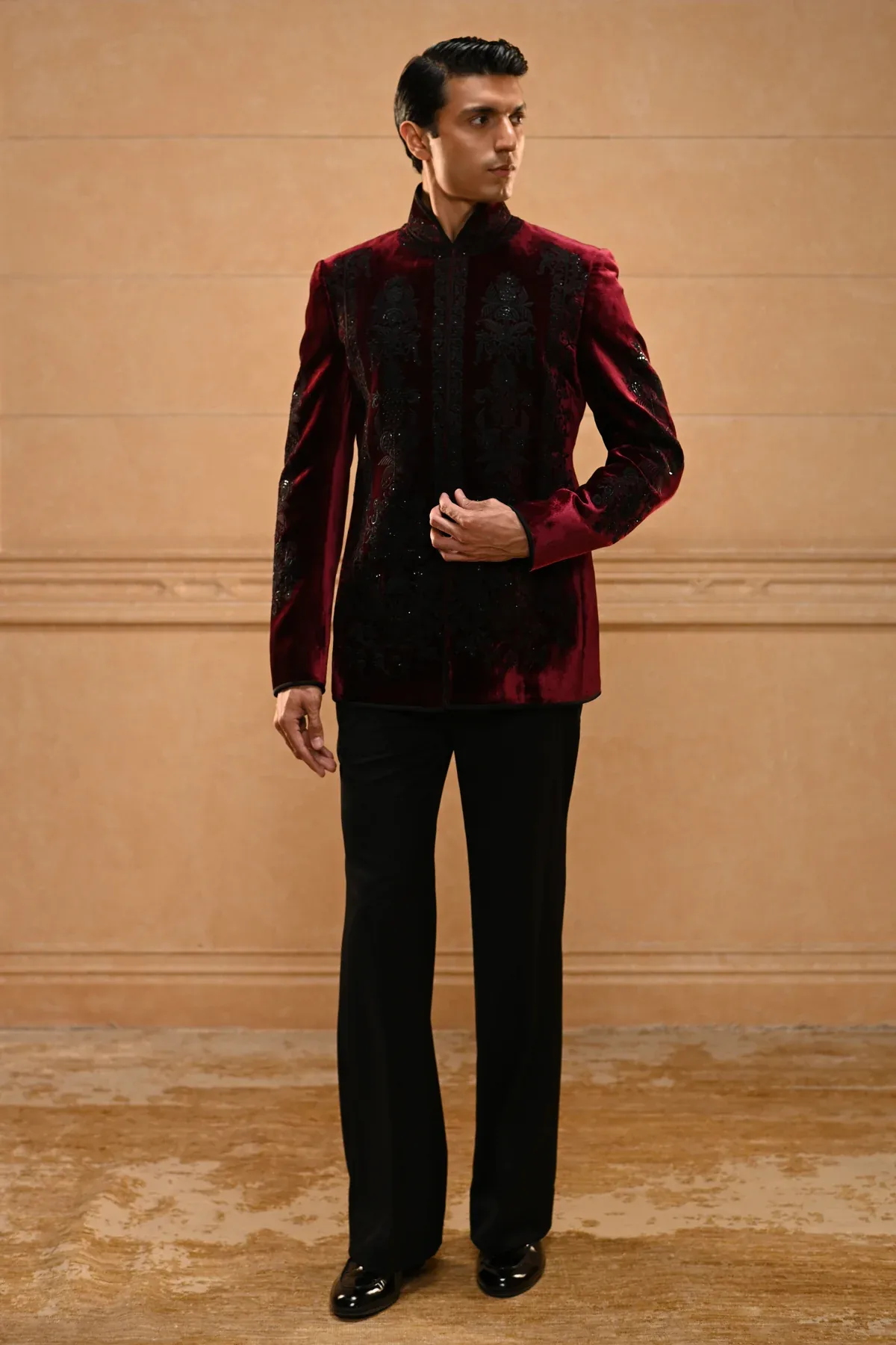 Embroidered Velvet Bandhgala Set by Tarun Tahiliani