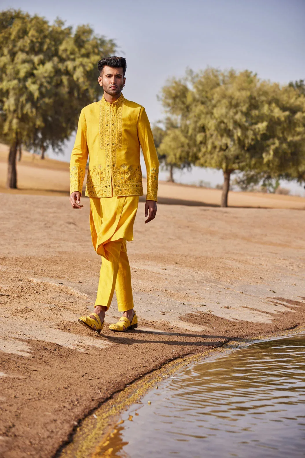Yellow Waistcoat Set With Floral Thread Work by Sarab Khanijou