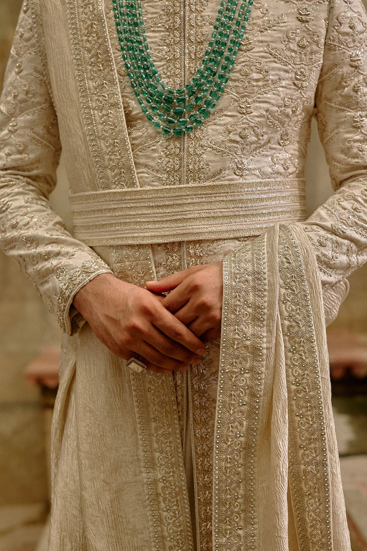 Linen Silk Sherwani Set by Nitika Gujral in ivory, view 2