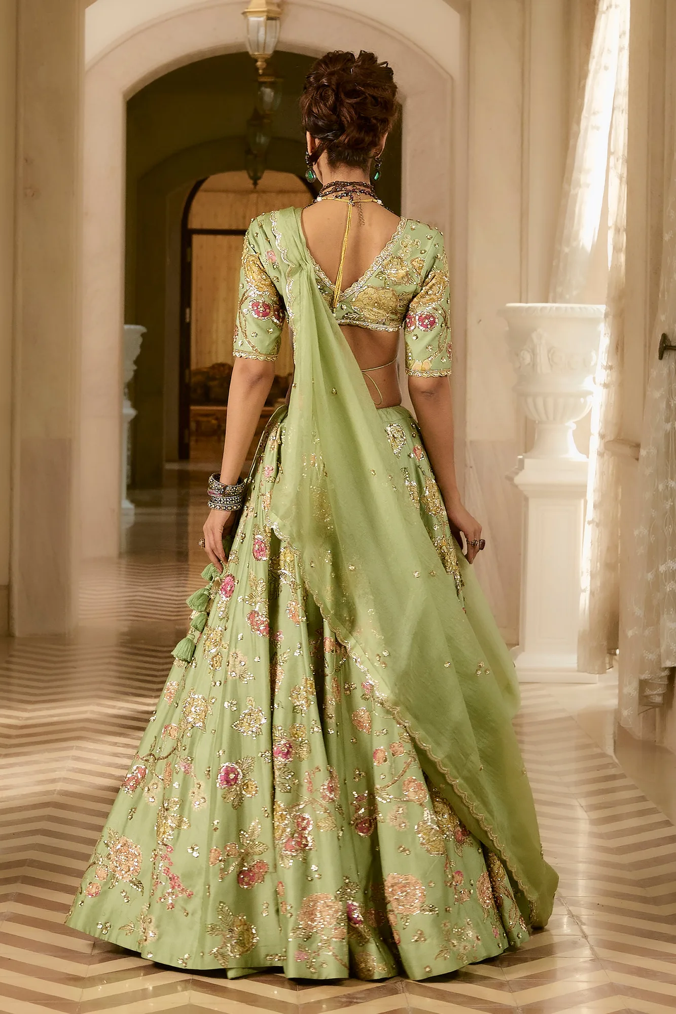 Aphrodite Lehenga Set by Paulmi And Harsh in green, view 2