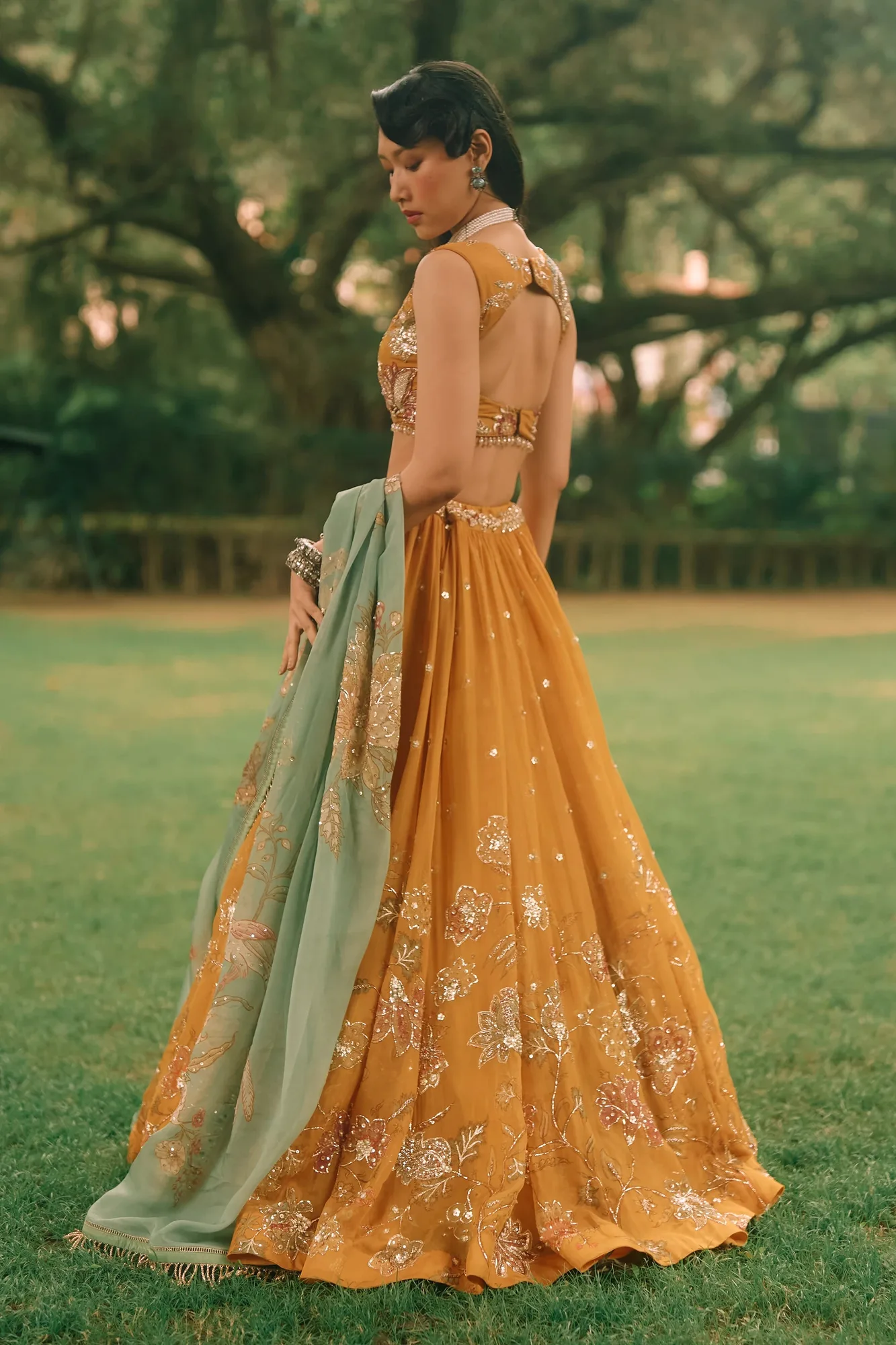 Elinor Lehenga by Paulmi And Harsh in mustard, view 4