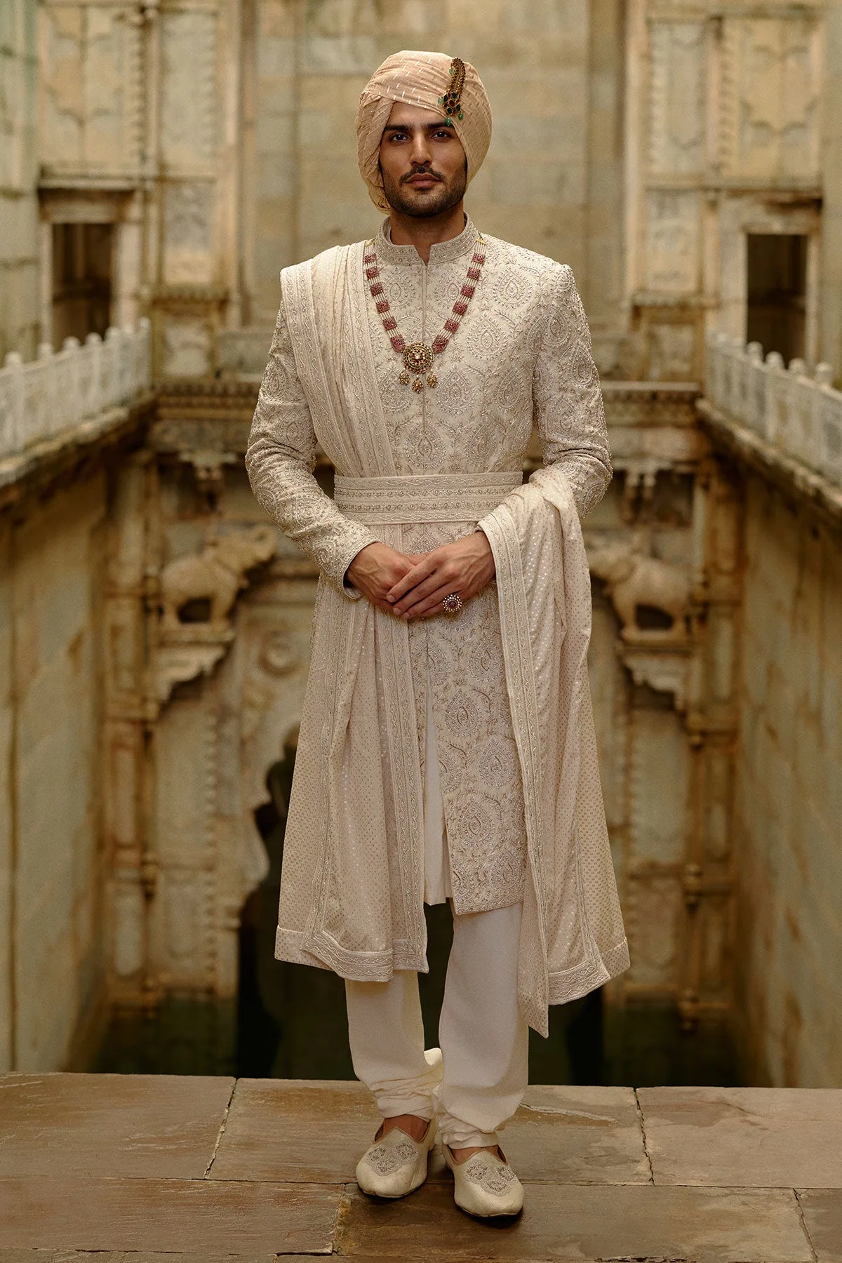 Beige Raw Silk Sherwani Set by Nitika Gujral