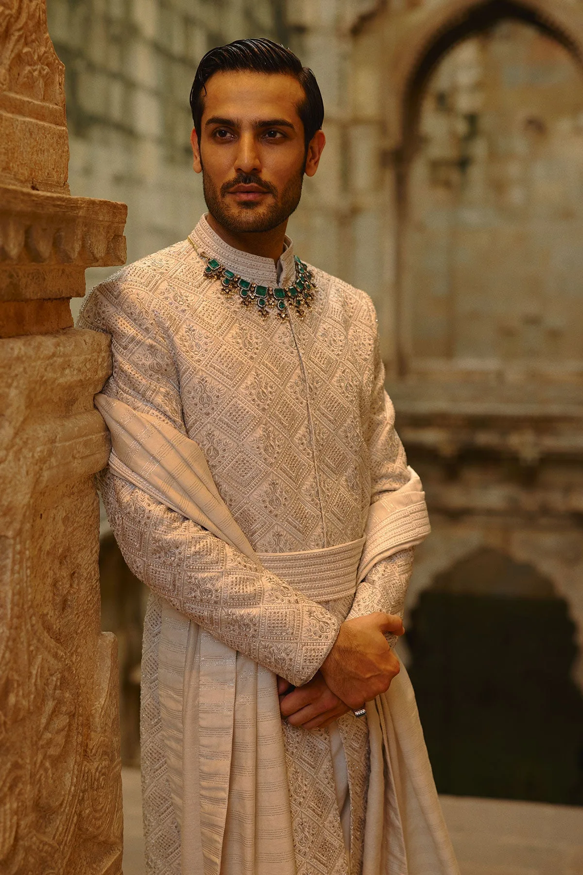 Silver-Grey Sherwani Set by Nitika Gujral, view 4