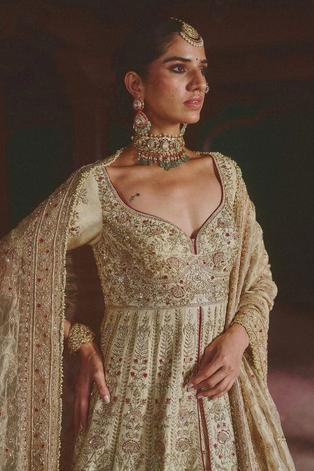 Tarangini Jacket Set by Jigar Mali in beige, view 2