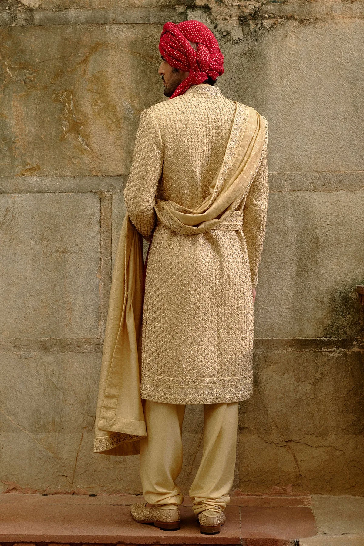 Gold Zardozi Raw Silk Sherwani Set by Nitika Gujral, view 4