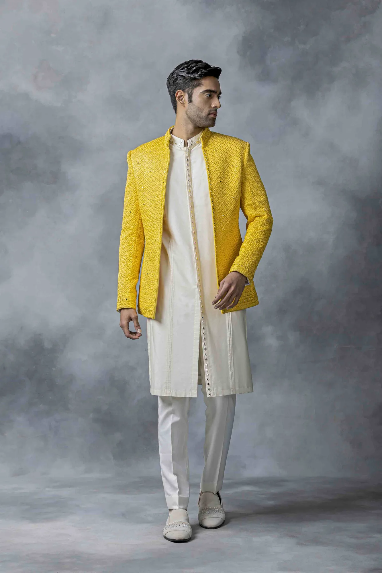 Yellow Mirror Work Bandhgala Set by Sarab Khanijou