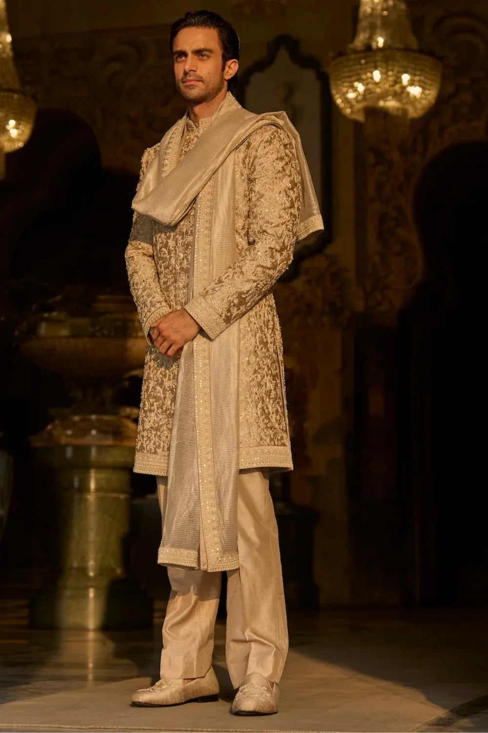 Champagne Gold Sherwani Set by Seema Gujral