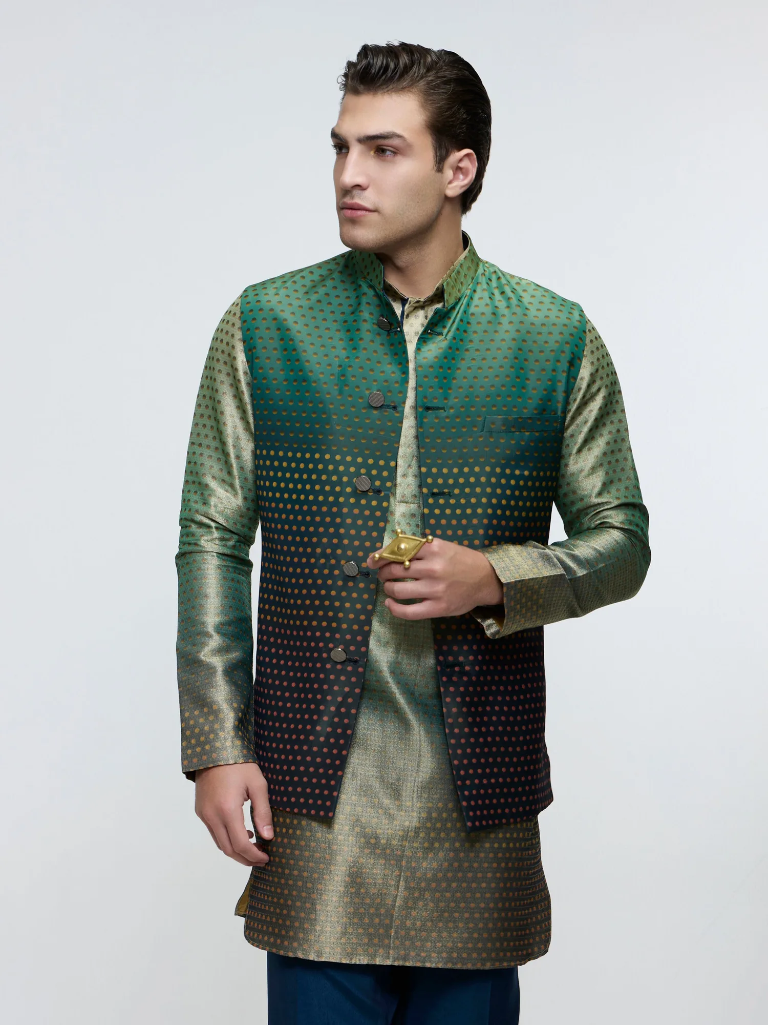 Zoravar : Polka Bundi Paired With Polka Kurta Paired With Pants by SVA in blue