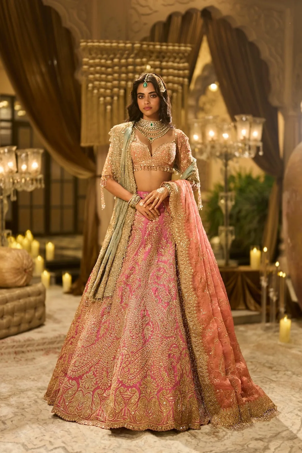 Pink Tissue Lehenga Set by Seema Gujral, pink sari