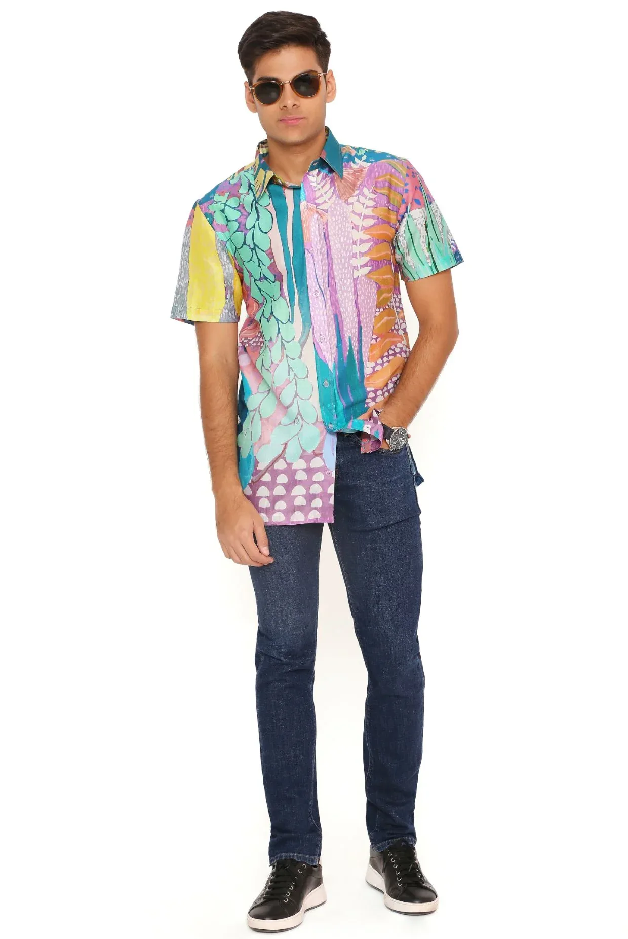 Purple Tropical Print Silkmul Shirt by Payal Singhal