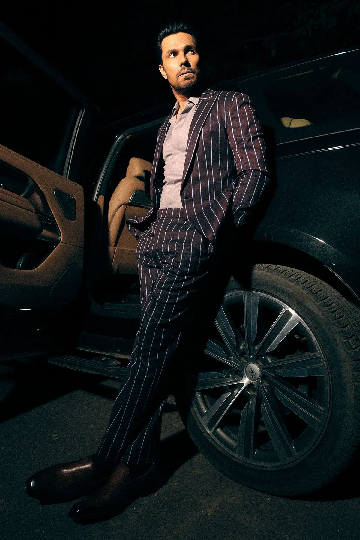 Randeep Hooda in Purple wine striped suit set by Sarab Khanijou