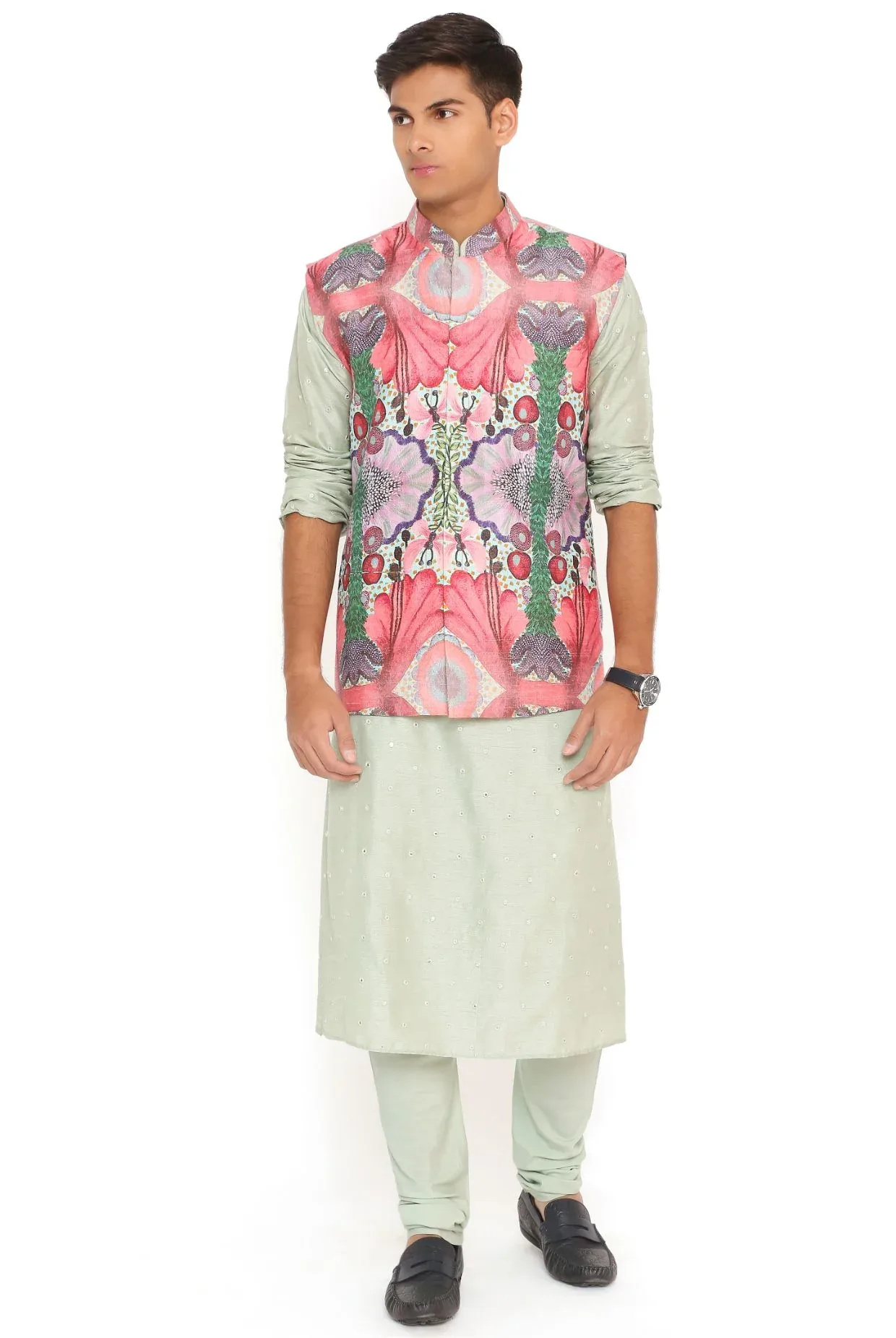 Red Enchanted Print Dupion Silk Bandi With Mint Abla Silk Kurta And Cotton Silk Churidar by Payal Singhal