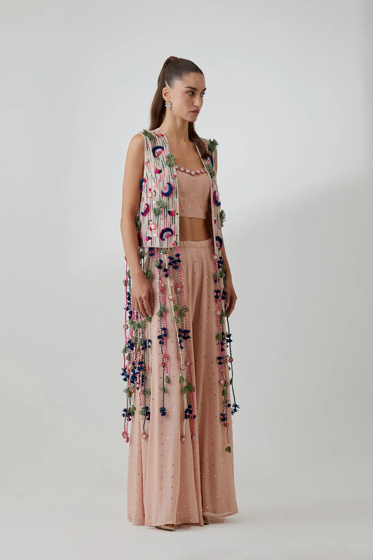 Stone Georgette Embroidered Jacket With Blush Pink Mukaish Georgette Bustier And Sharara by Payal Singhal, view 2