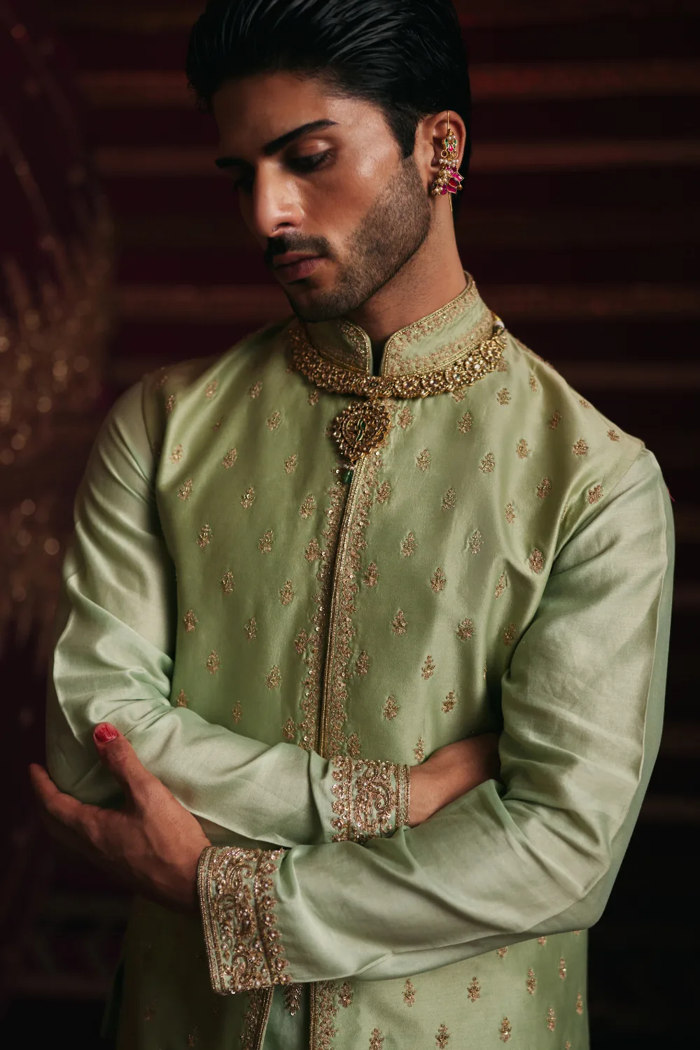 Arnav Jacket Set by Jigar Mali in sage green, view 3