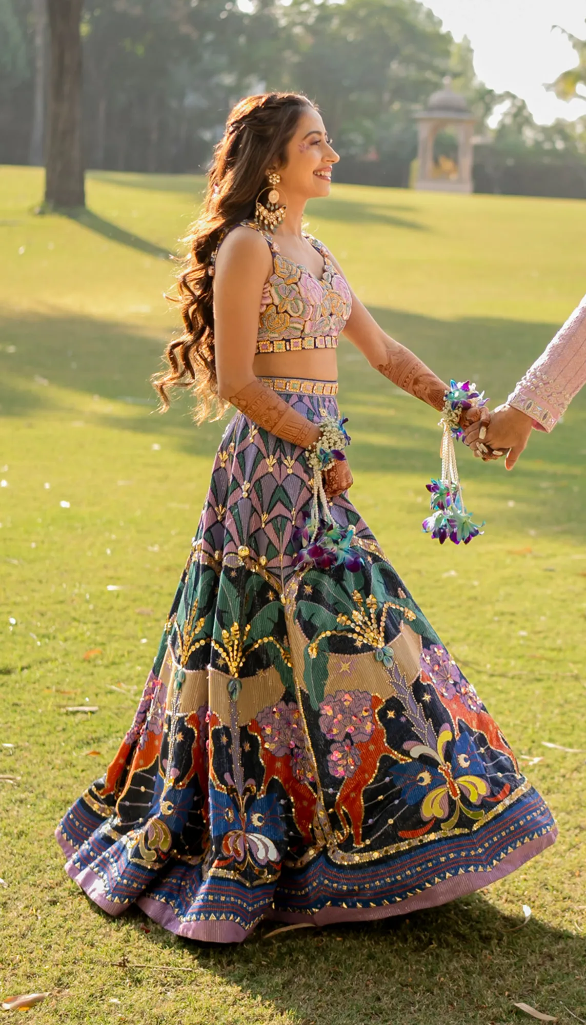 Anisha in Lyons- Tropical Blue Printed and Embellished Full Lehenga by Papa Don't Preach