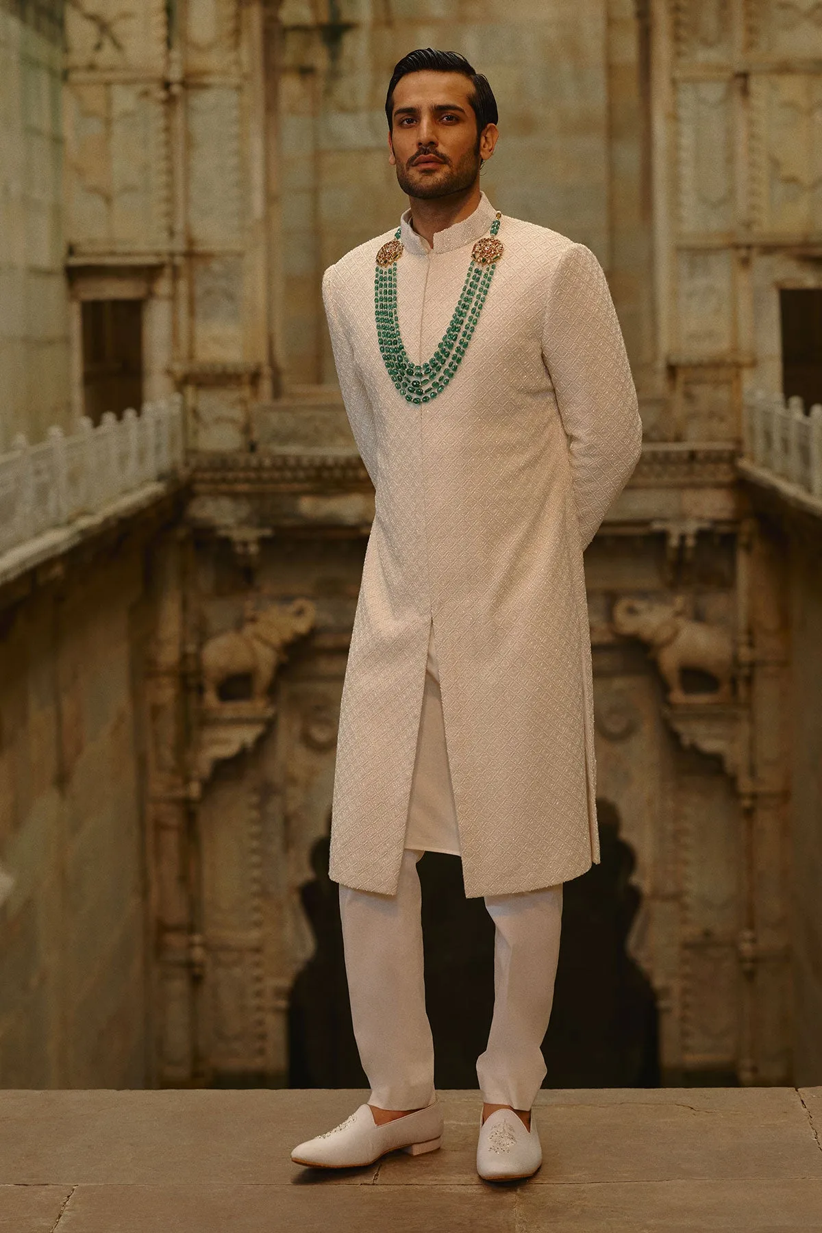 Ivory Geometric Sherwani Set by Nitika Gujral, view 2