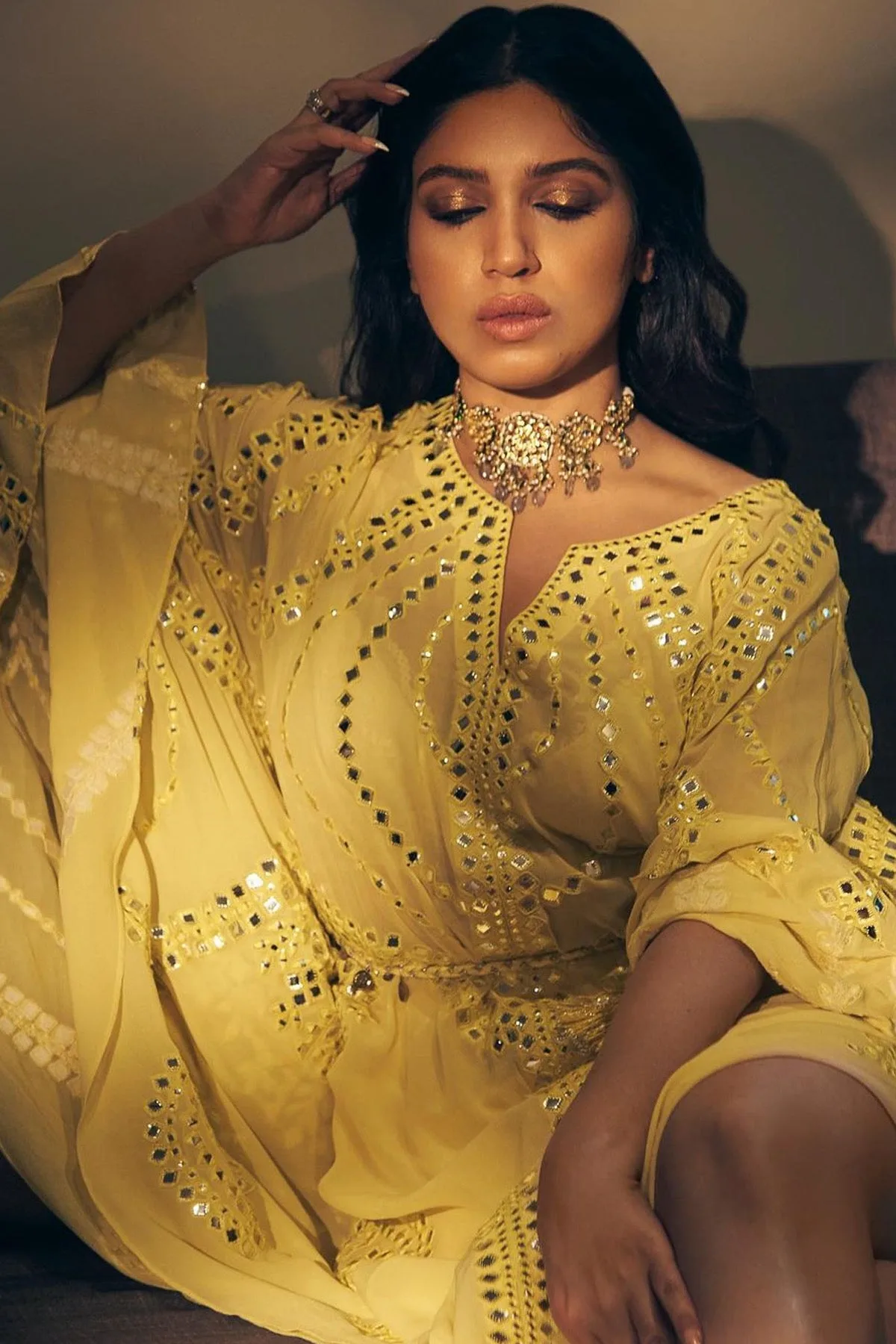 Bhumi Pednekar In Yellow Foil And Resham Kaftan With A Belt by Tamanna Punjabi Kapoor
