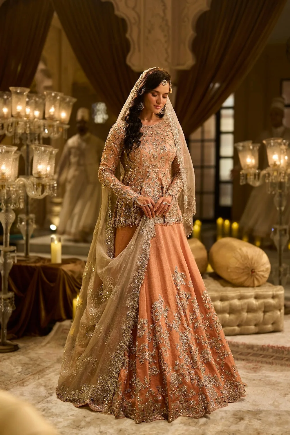 Peach peplum Tissue Lehenga Set by Seema Gujral, peach sari