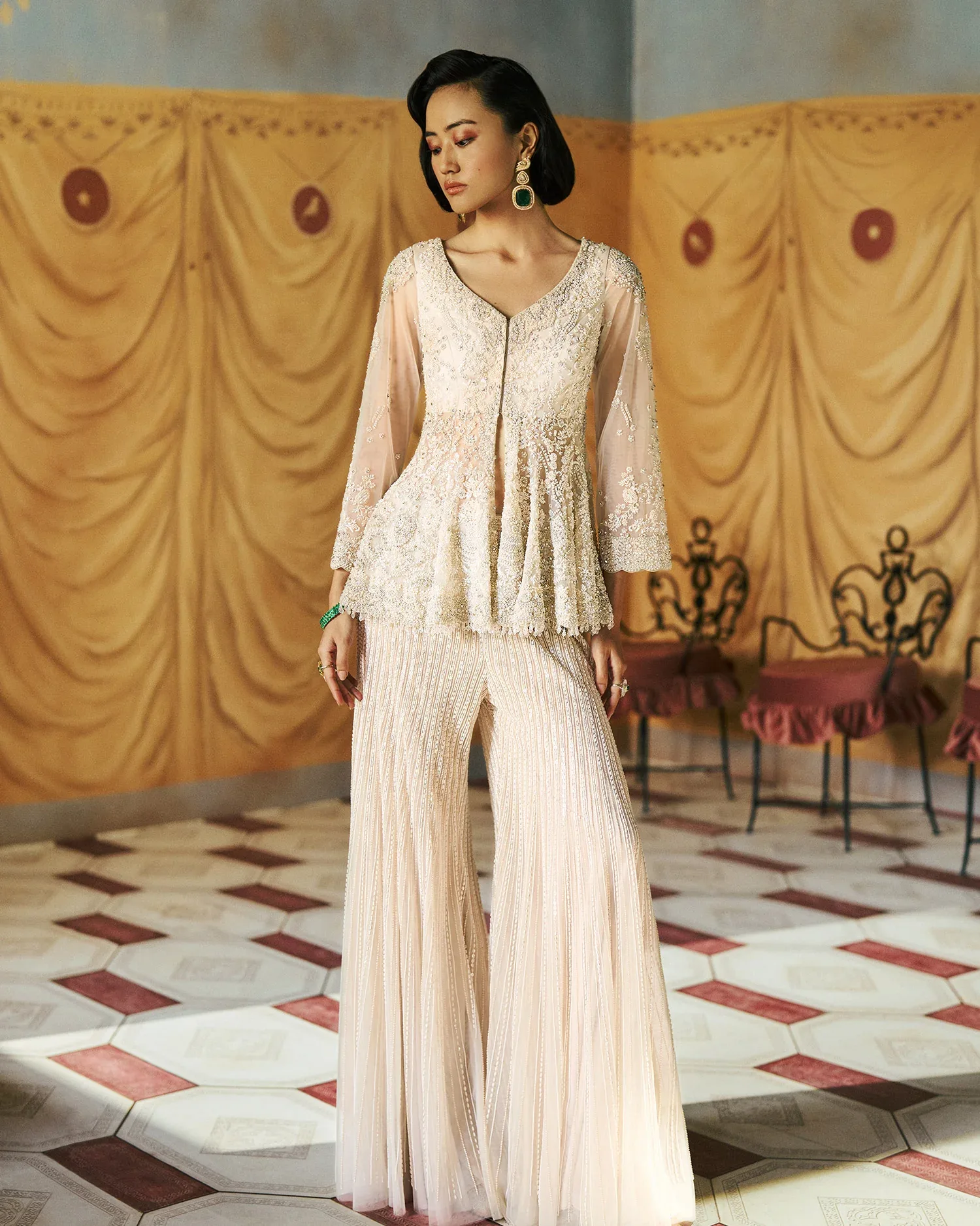 Pearlumé Jacket Kurta & Flare Pant Set by Dolly J