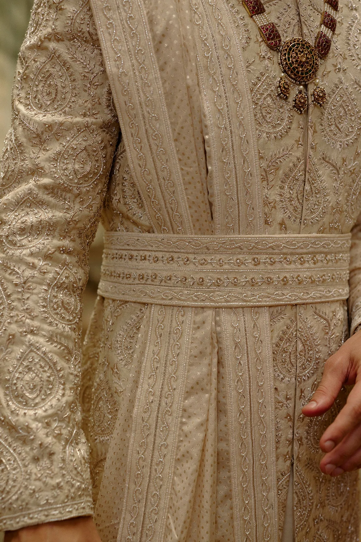 Beige Raw Silk Sherwani Set by Nitika Gujral, view 3